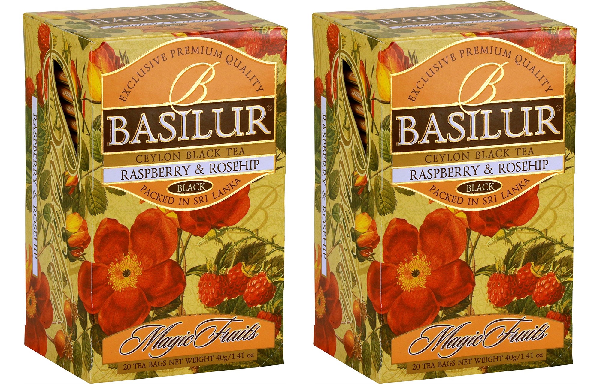 Basilur | Raspberry & Rosehip Tea | Ceylon Black Tea | Magic Fruits Collection | 20 Count Foil Enveloped - Pack of 2