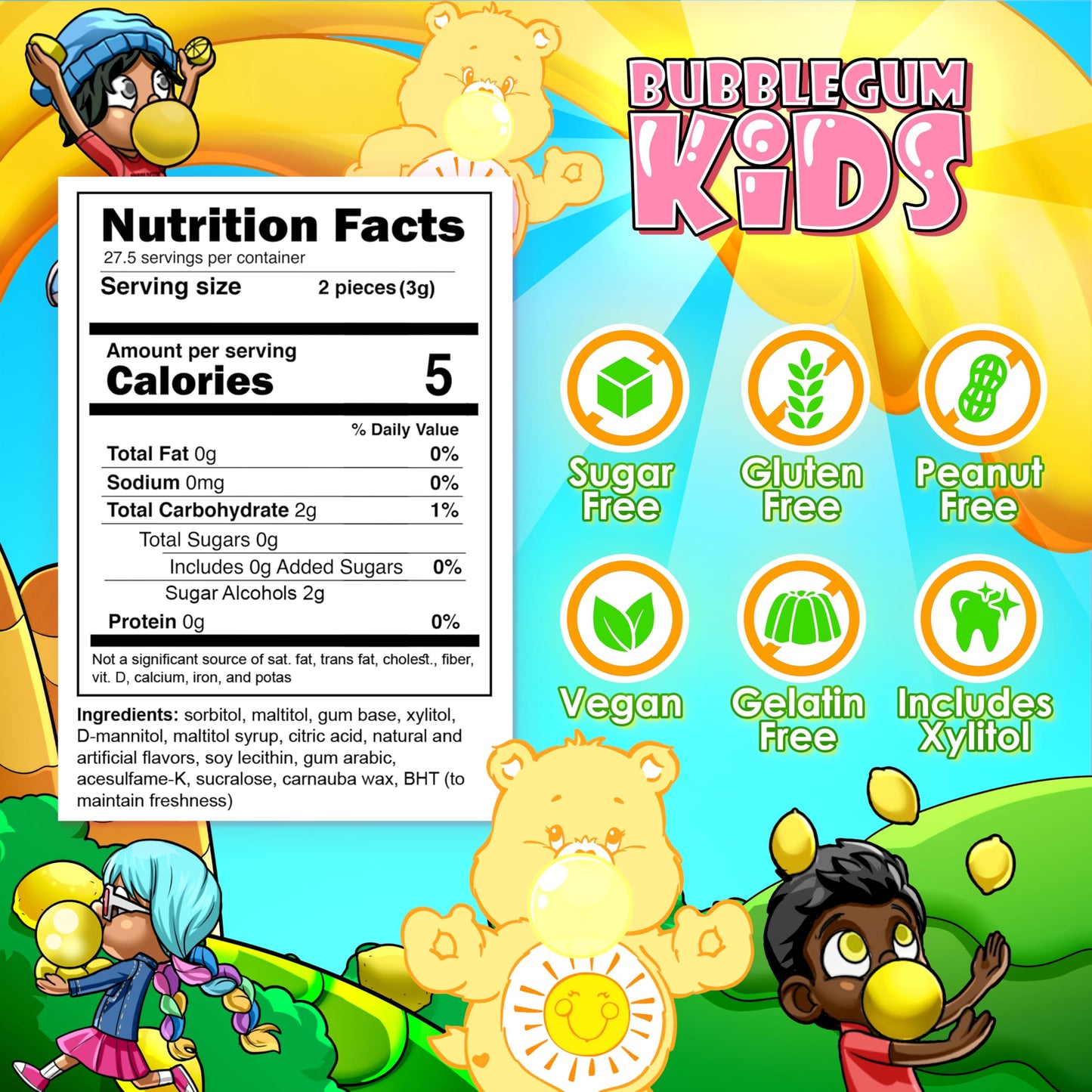 Care Bears Funshine Lemonade Sugar Free Gum by Bubblegum Kids | Sugarless Gum with Xylitol | Vegan, Low Calorie Candy Alternative for Kids & Adults |