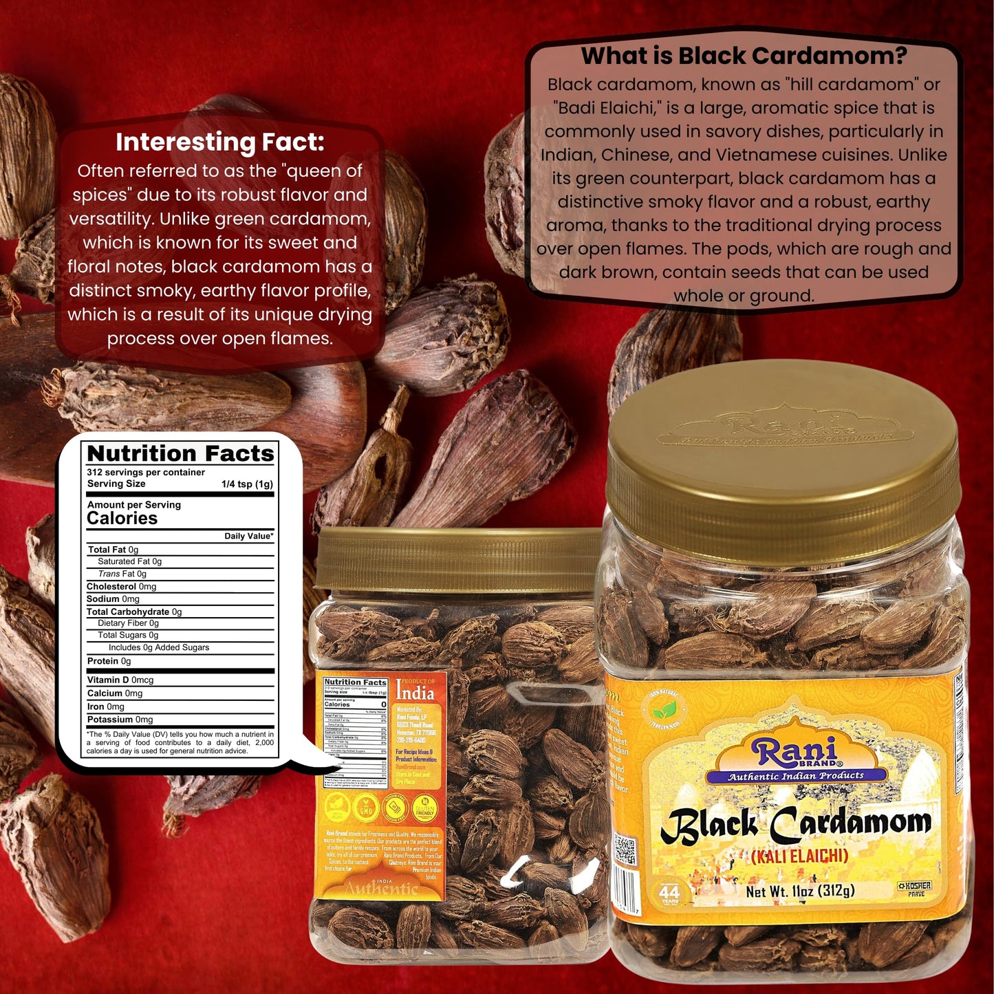 Rani Black Cardamom Pods (Kali Elachi) Whole Indian Spice 11oz (312g) PET Jar ~ All Natural | Vegan | Gluten Friendly | Non-GMO | Kosher | Indian