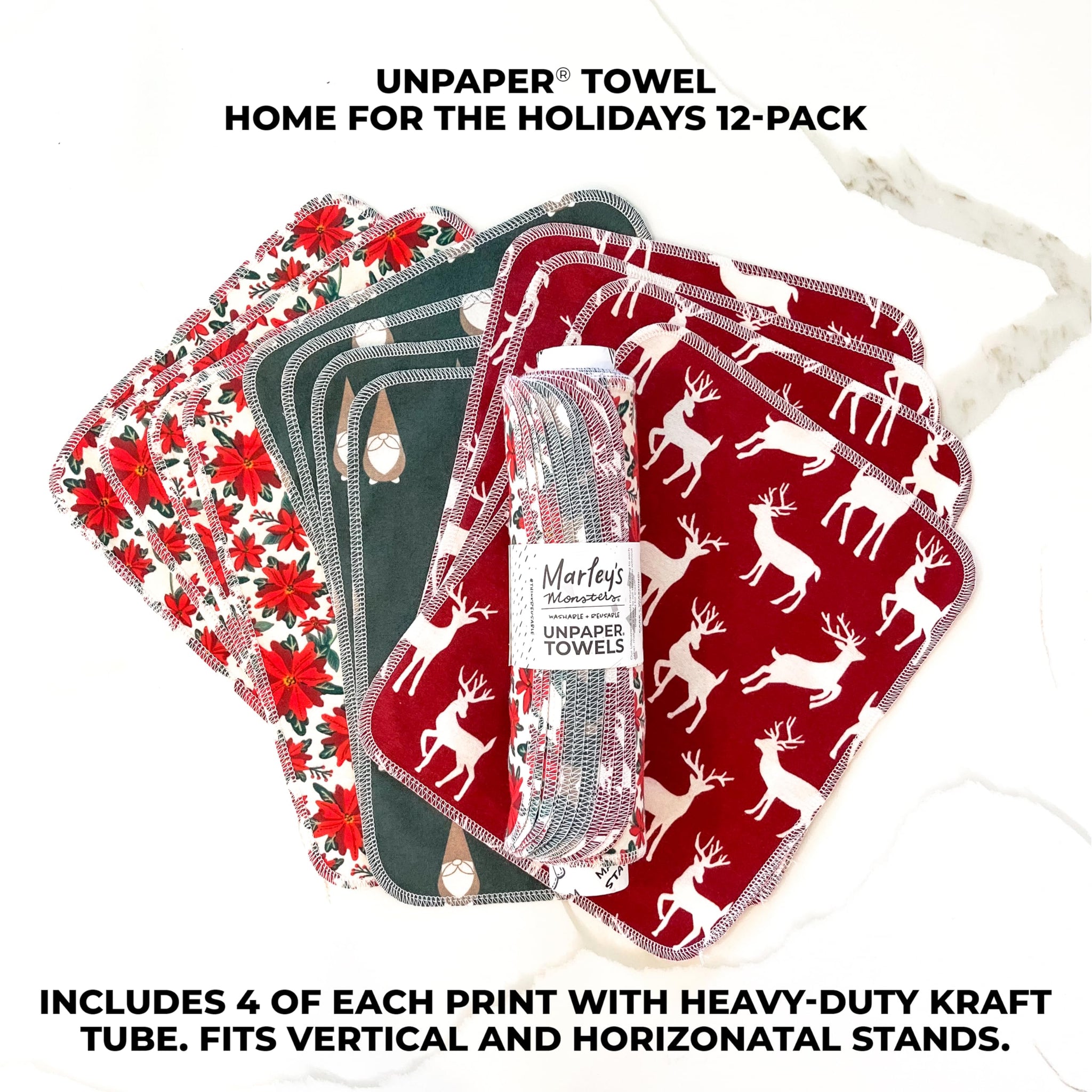 Marley's Monsters Seasonal UNpaper Towels - Reusable Paperless Towels - Cotton, Tree Free (12-Count roll) (Home for The Holidays)