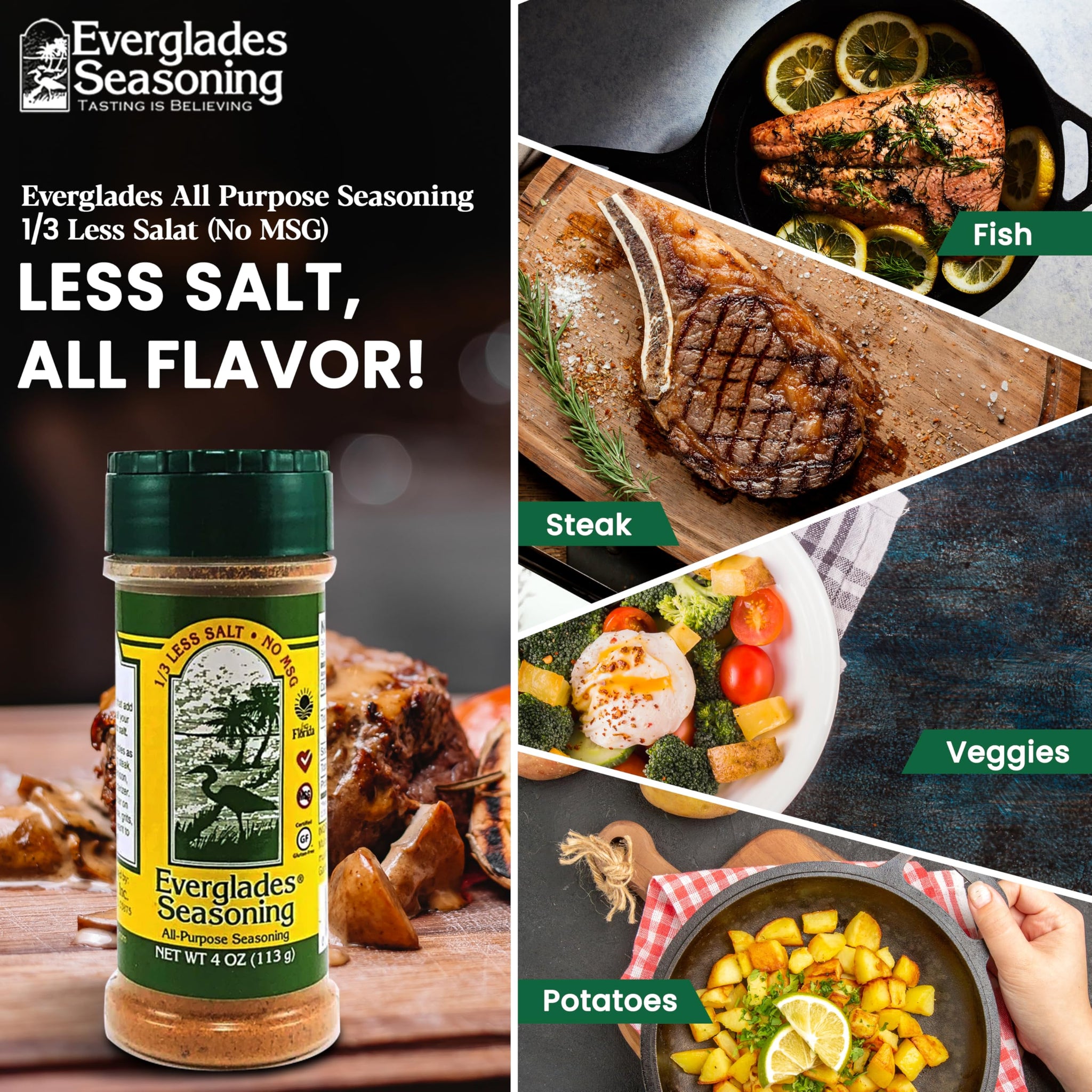 Everglades All Purpose Seasoning - 1/3 Less Salt Southern Blend - 4 oz