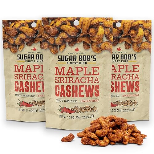 Sugar Bob’s Finest Kind, Maple Sriracha Cashews, Slow Roasted Sweet and Salty Nuts, Handmade in Vermont, 2.5 oz (Pack of 3)