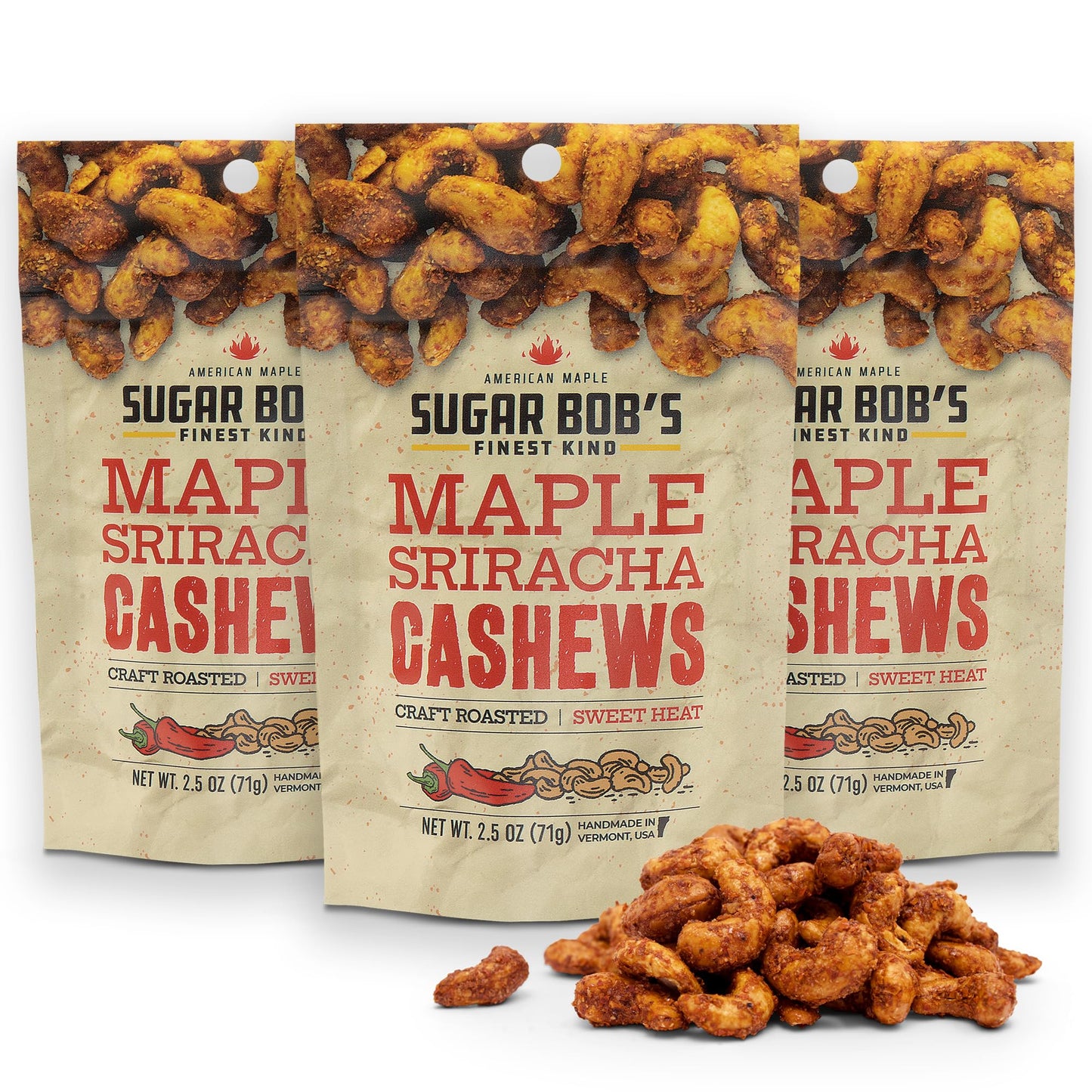 Sugar Bob’s Finest Kind, Maple Sriracha Cashews, Slow Roasted Sweet and Salty Nuts, Handmade in Vermont, 2.5 oz (Pack of 3)