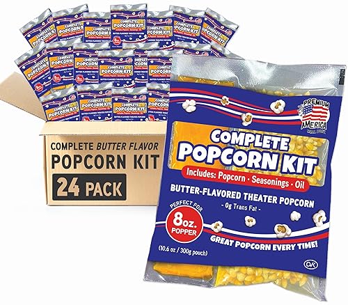 Premium America Popcorn Kit, 24 Packs for a 8oz Popper, Movie Theater & Popcorn Machine Kernels, Oil & Seasoning Packet, Bulk All in One