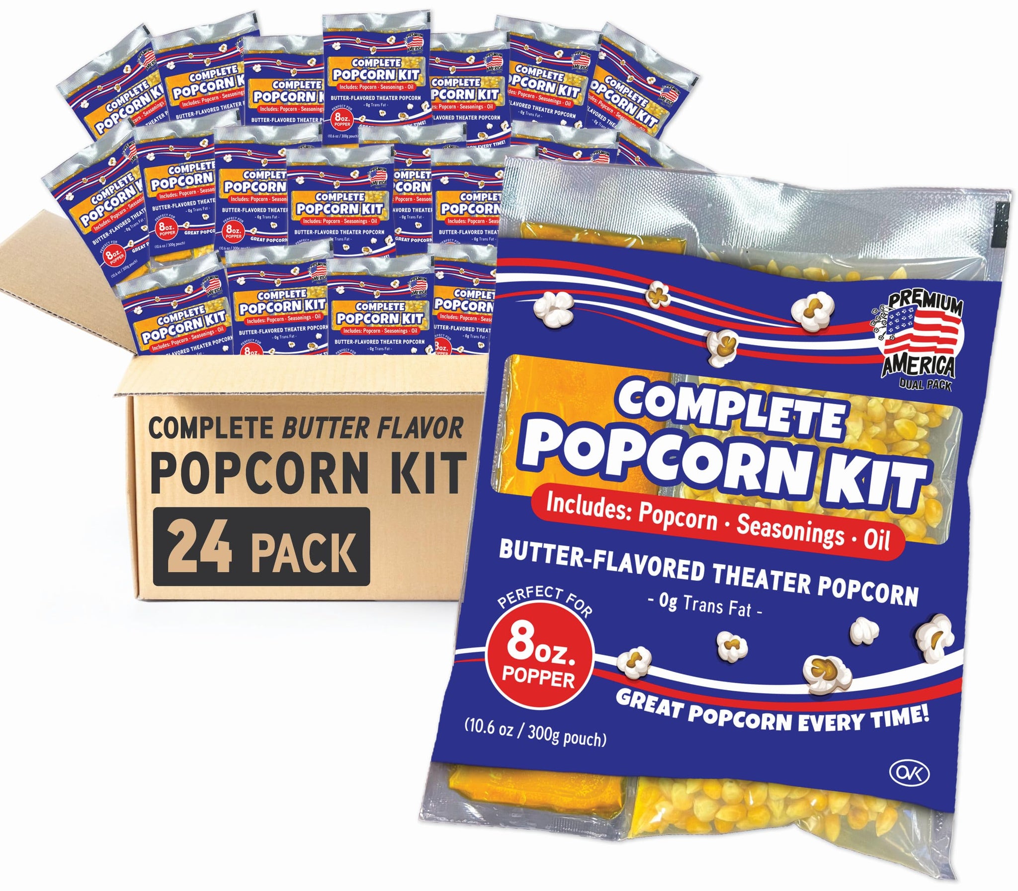 Premium America Popcorn Kit, 24 Packs for a 8oz Popper, Movie Theater & Popcorn Machine Kernels, Oil & Seasoning Packet, Bulk All in One