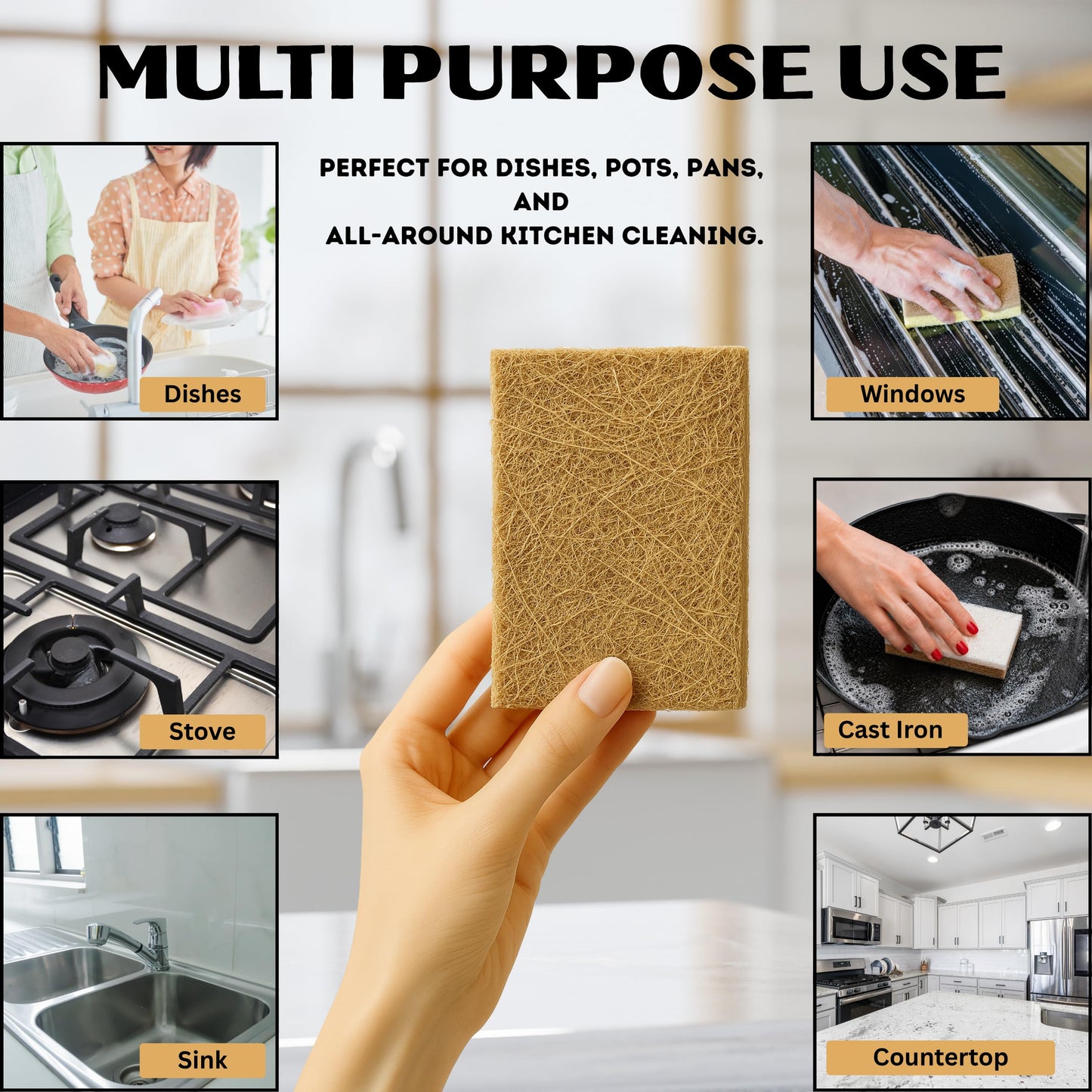 Bruhati Coconut Kitchen Sponges (12 Pack) - Natural Coconut Fiber & Cellulose Dish Scrubber, Biodegradable Compostable Plant-Based Sponges for Dishes