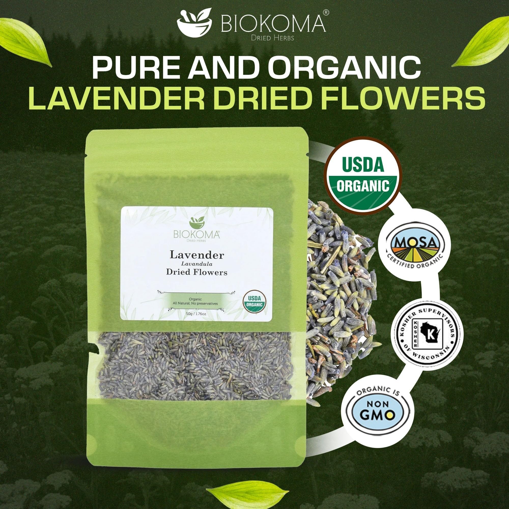 Biokoma Organic Lavender (Lavandula) Dried Flowers 50g (1.76oz) - Relax - DIY - Resealable Moisture Proof Pouch, USDA Organic Herbal Tea