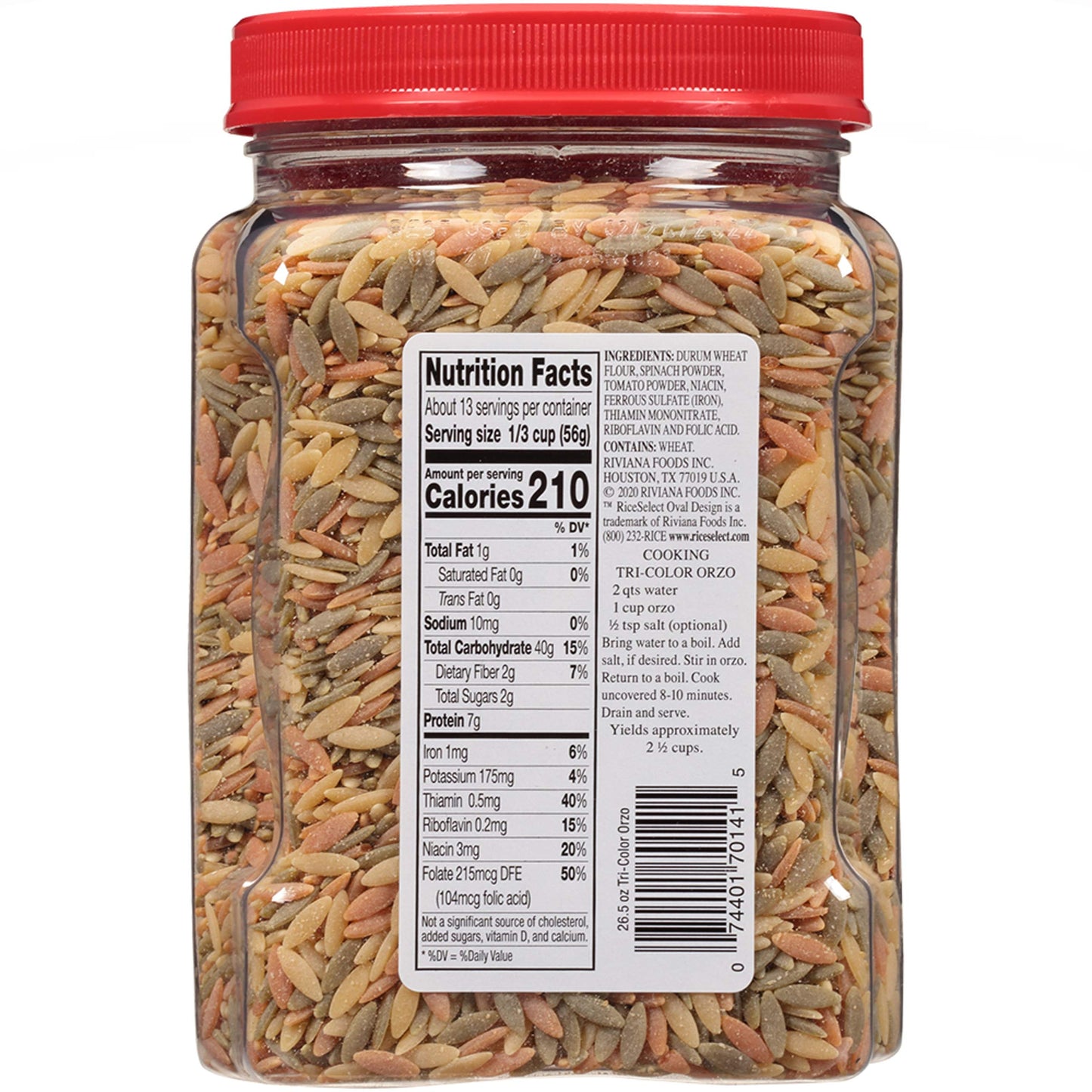 RiceSelect Tri-Color Orzo Pasta, Non-GMO, 26.5 oz (Pack of 4 Jars)