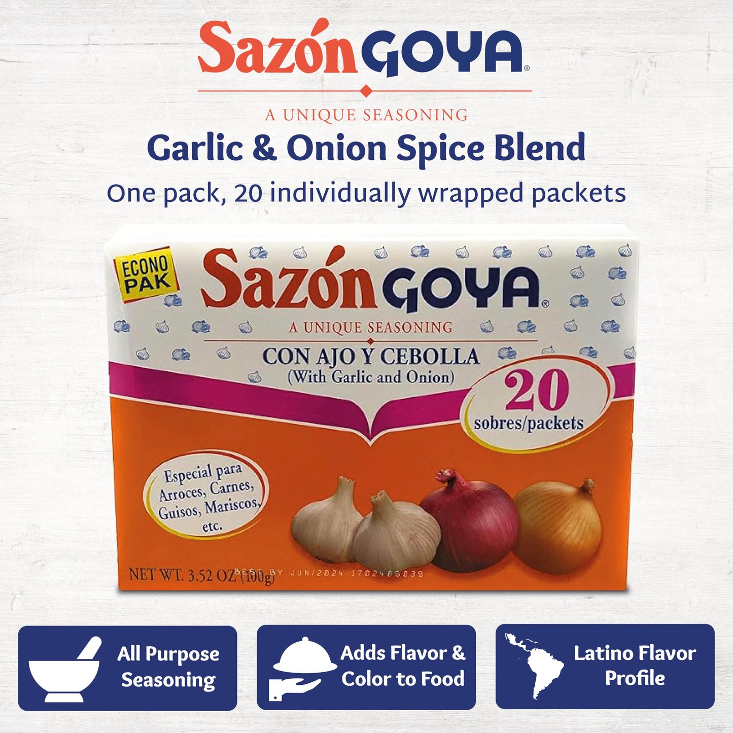 Sazón with Garlic and Onion by Goya, Latin Spice Blend for Poultry, Seafood, Meat and Vegetables, All Purpose Mexican Seasoning, 3.52oz Carton