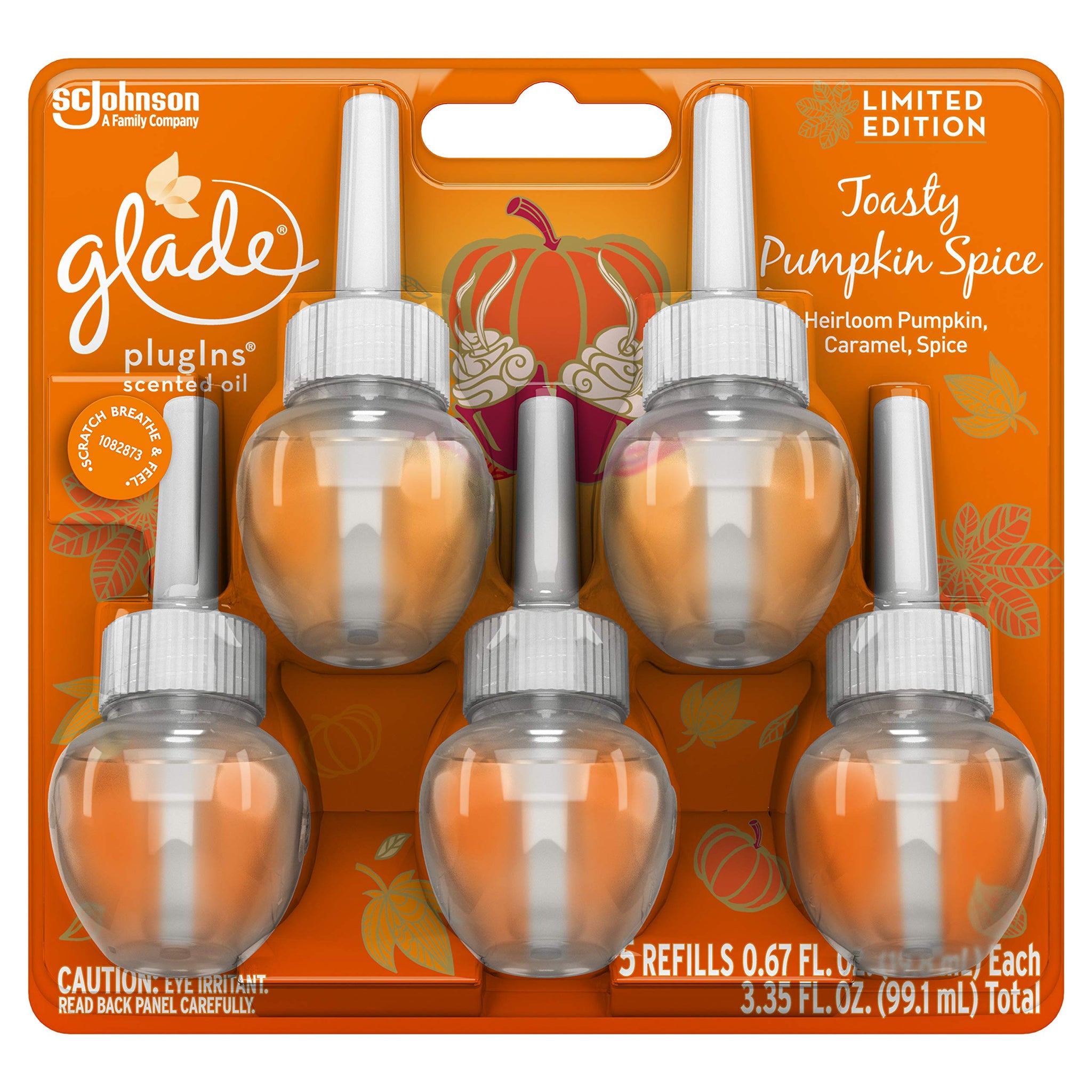 Glade PlugIns Scented Oil Air Freshener Refill 5 CT | Toasty Pumpkin Spice Scent - 0.67 Ounce Each | 3.35 FL. OZ. Total - Limited Edition