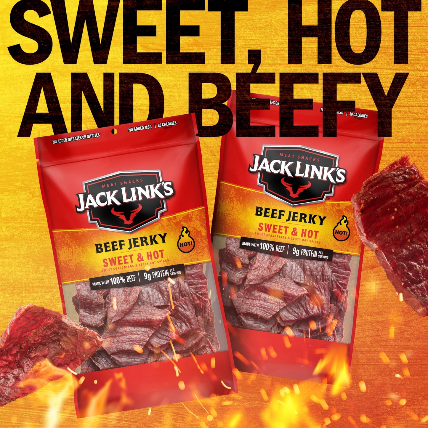Jack Link's Beef Jerky, Sweet & Hot, Large Jerky Bags - Flavorful Meat Snacks, Ready to Eat Protein Snacks, 9g of Protein per Serving, Made with 100%