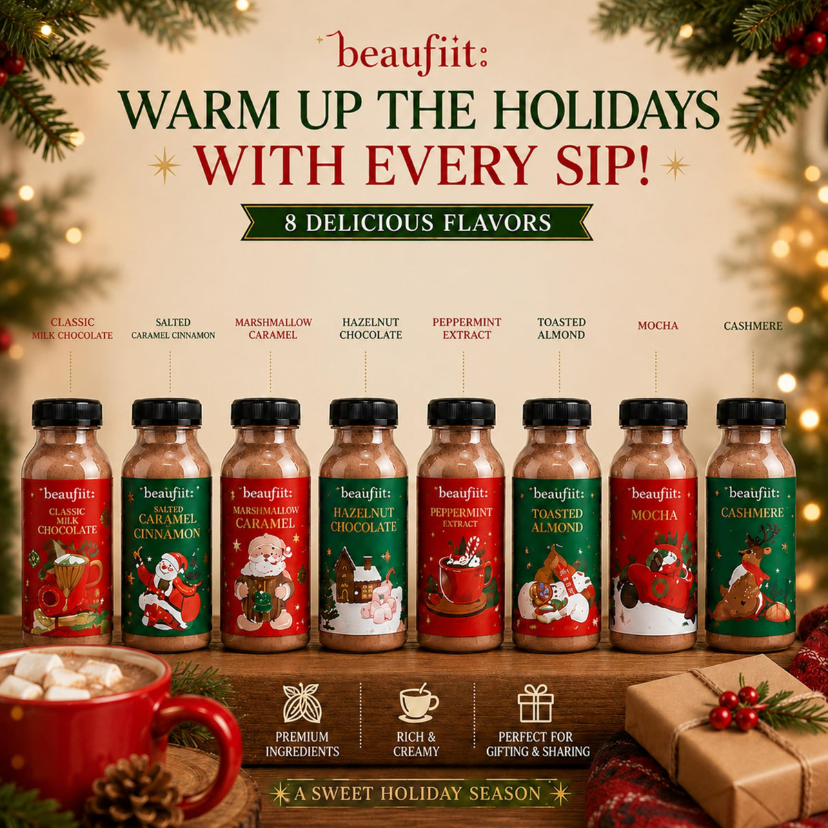 Hot Chocolate Gift Set - Box of 8 Instant Hot Chocolate Bottles 8 Flavours Multipack 320g