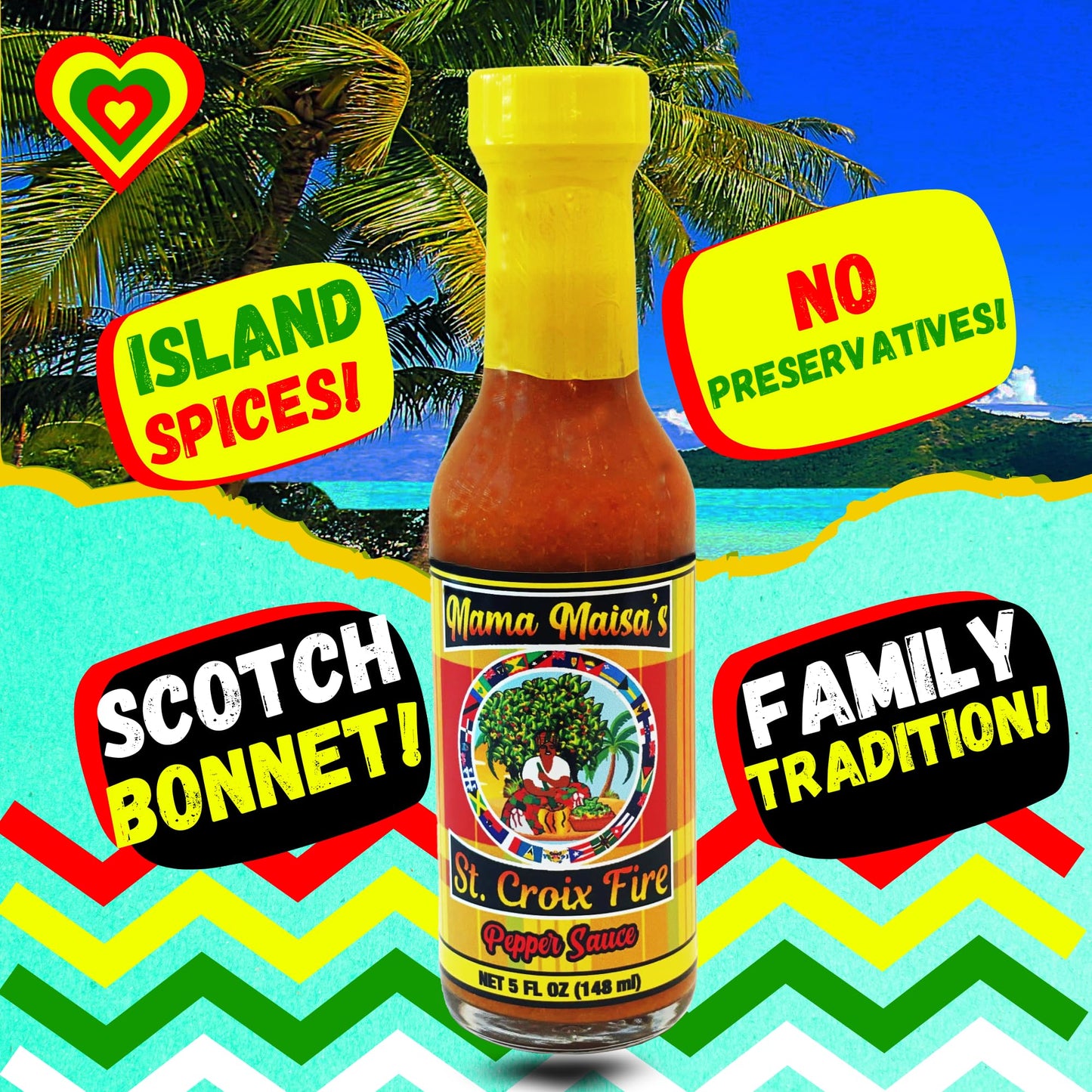 Mama Maisa’s St. Croix Fire Scotch Bonnet Pepper Sauce, 10 fl oz - Authentic Caribbean Hot Sauce with Curry, Mustard & Garlic - Gourmet Island Pepper