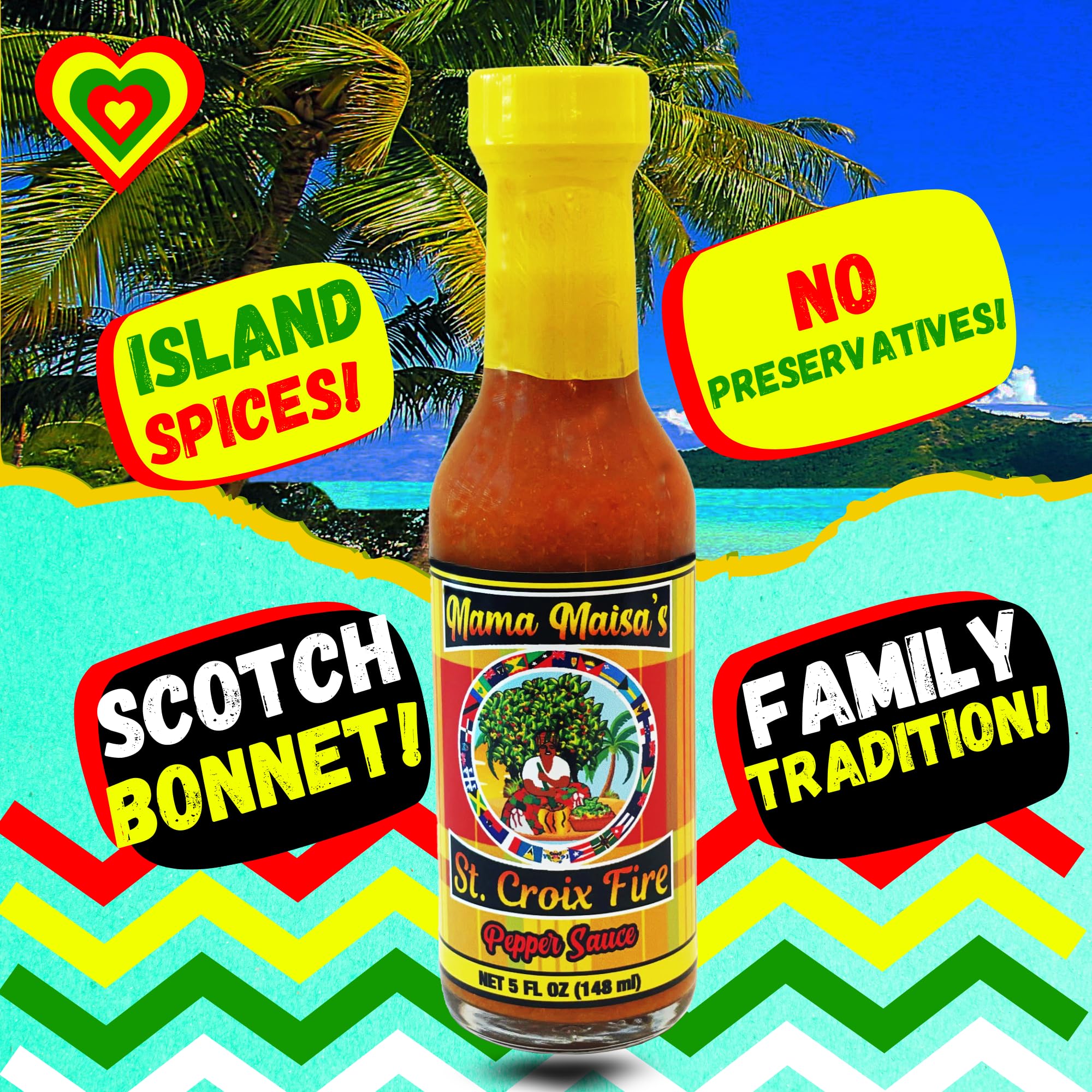 Mama Maisa’s St. Croix Fire Scotch Bonnet Pepper Sauce, 10 fl oz - Authentic Caribbean Hot Sauce with Curry, Mustard & Garlic - Gourmet Island Pepper