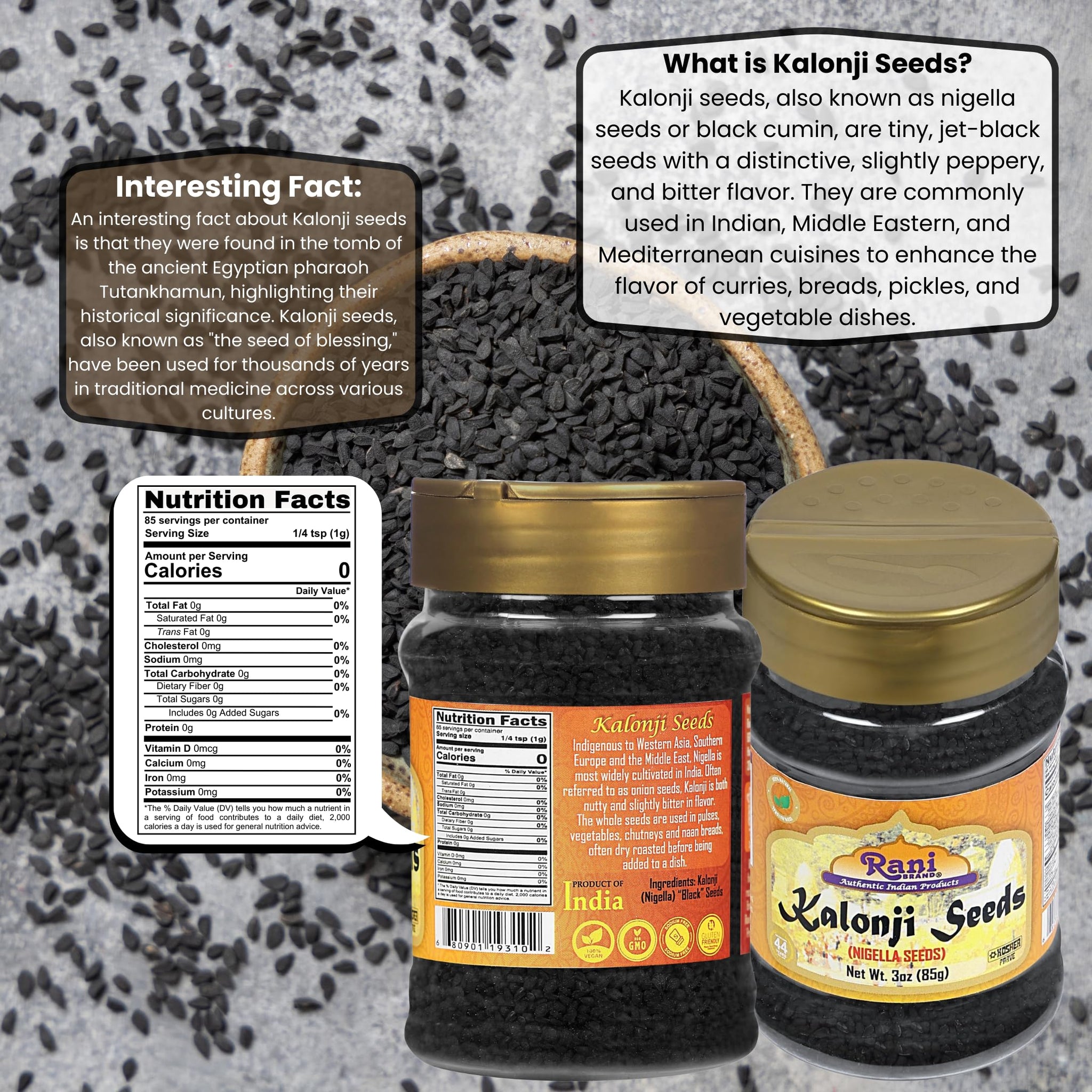 Rani Kalonji (Black Seed, Nigella Sativa, Black Cumin) Seeds 3oz (85g) PET Jar ~ All Natural | Gluten Friendly | NON-GMO | Kosher | Vegan | Indian