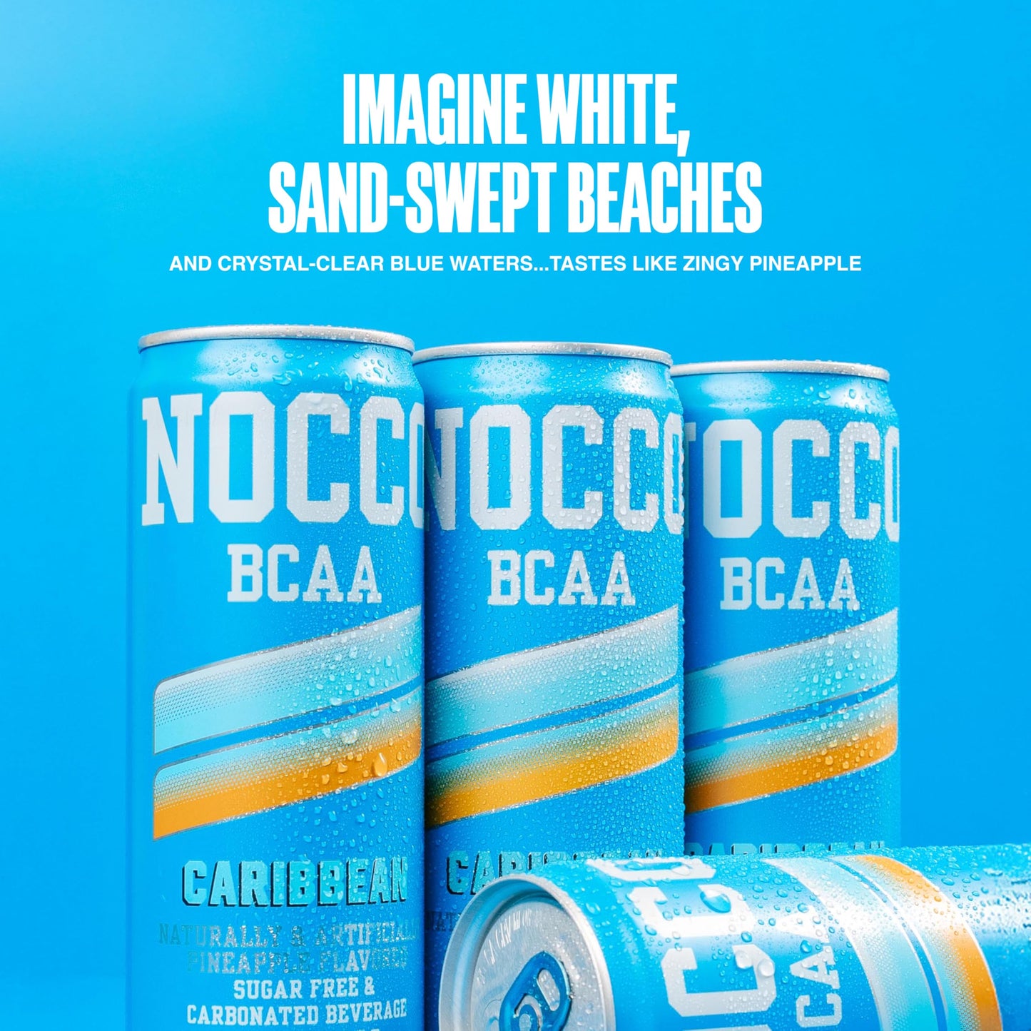 NOCCO Zero Sugar Energy Drink, Caribbean - 12 Fl Oz (Pack of 12) - 180mg Caffeine, Sugar Free with BCAAs - Branched Chain Amino Acids, Carbonated
