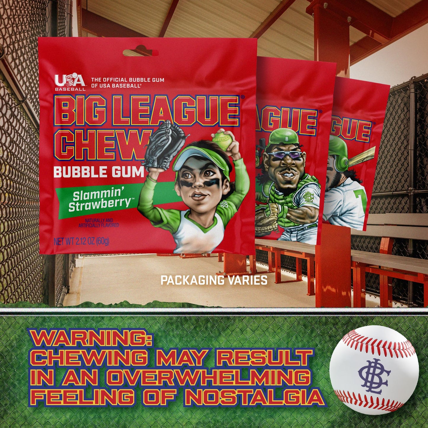 Big League Chew Strawberry Bubble Gum 3-Pack - 2.12oz Packets - Slammin’ Strawberry Baseball Gum - Big League Chew Baseball Candy Set for Treats