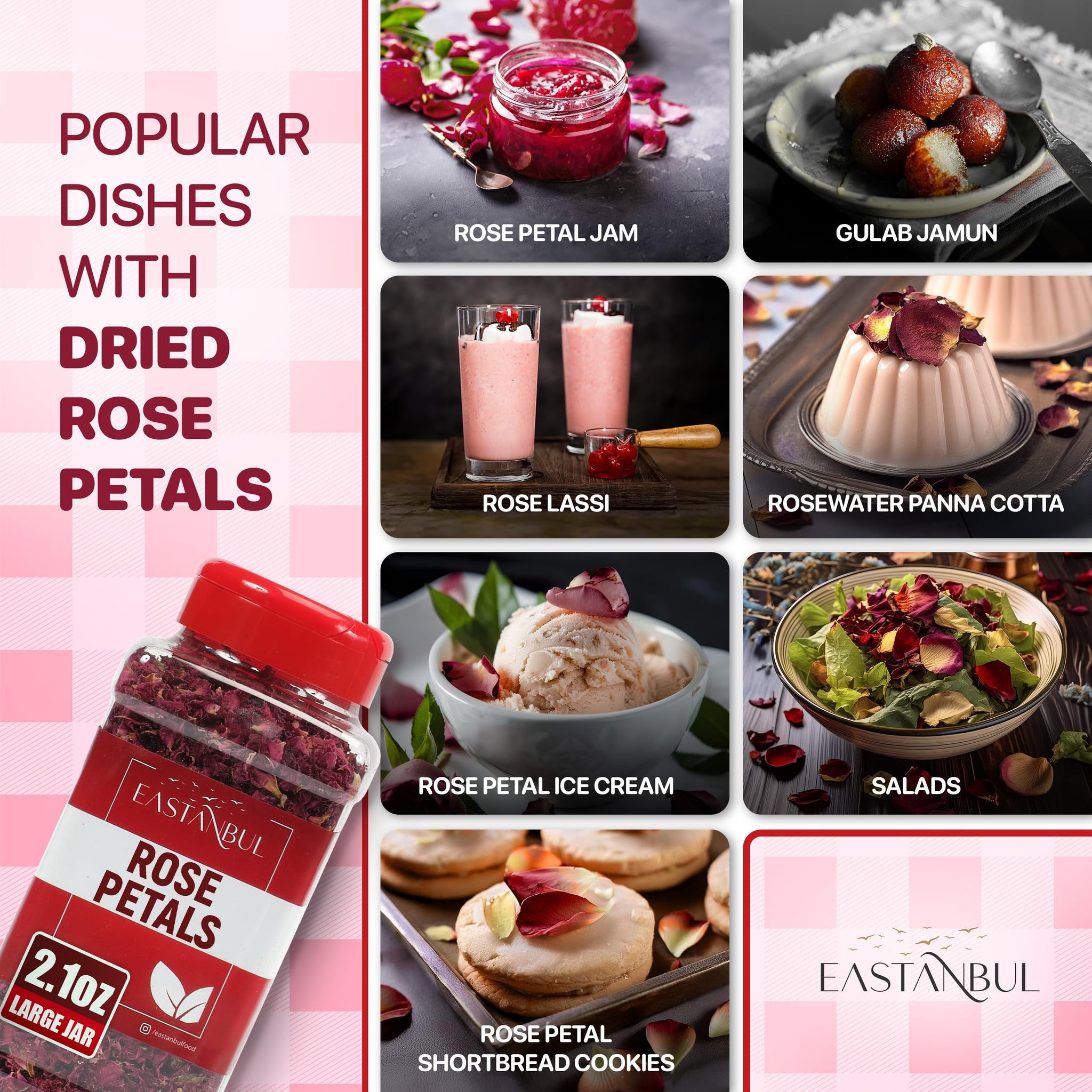 Eastanbul Dried Rose Petals, 2.1oz, Premium Edible Rose Petals, Dried Flower for Herbal Tea, Decoration, Sprinkles, Dessert Topping, From
