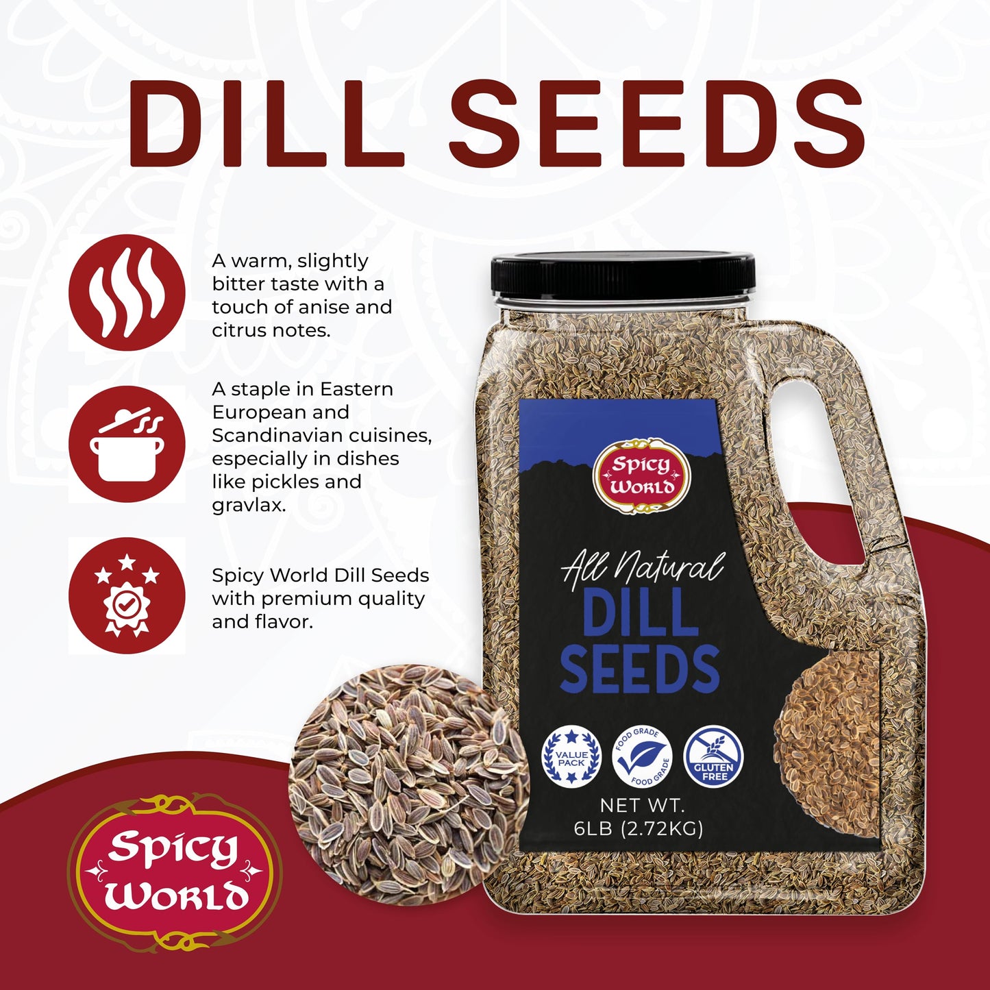 Dill Seeds 6 LB Jar - Bulk Jar, Whole Spice, Perfect for Pickling and Eating, Resealable - By Spicy World