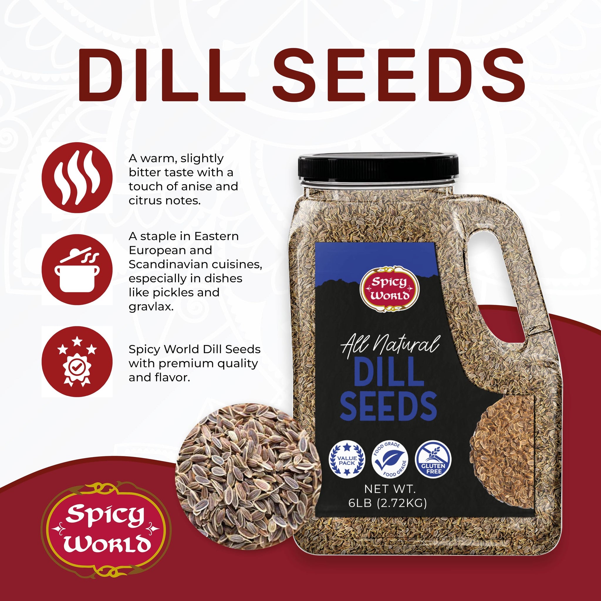 Dill Seeds 6 LB Jar - Bulk Jar, Whole Spice, Perfect for Pickling and Eating, Resealable - By Spicy World