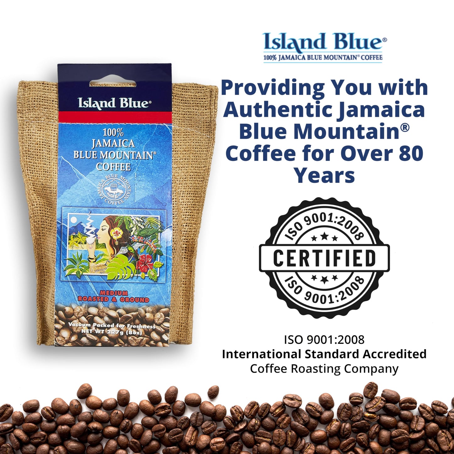 Island Blue 100% Jamaica Blue Mountain Fresh Roasted & Ground Coffee Medium Roast Gourmet Coffee Ground Vacuum Packed in a Burlap Bag, 8 oz