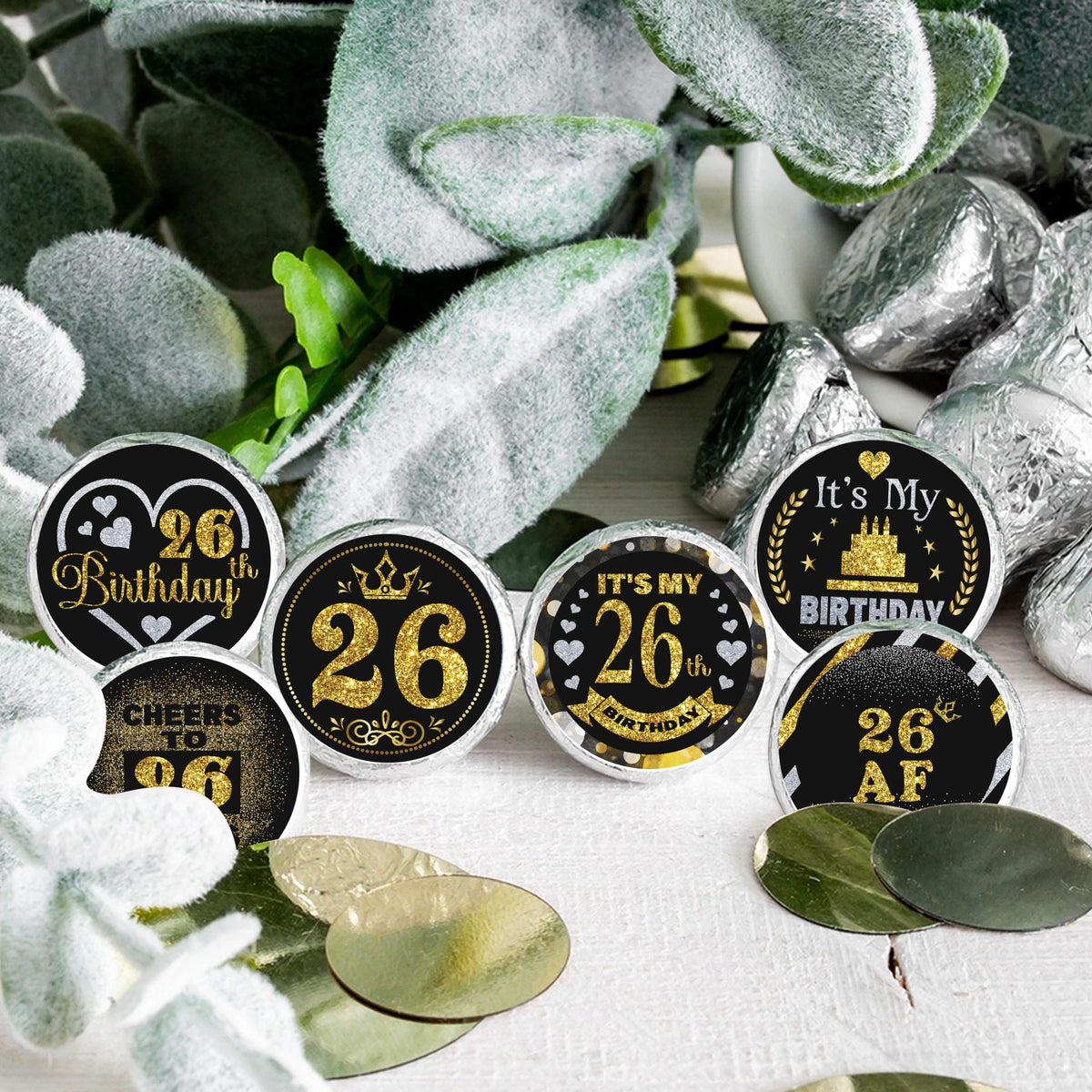 26 Years Old Round Candy Sticker - 26th Birthday Party Decor-Black Gold - Round Candy Sticker Party Favors - Labels Fit Chocolate Candy.5 Sheet of 150