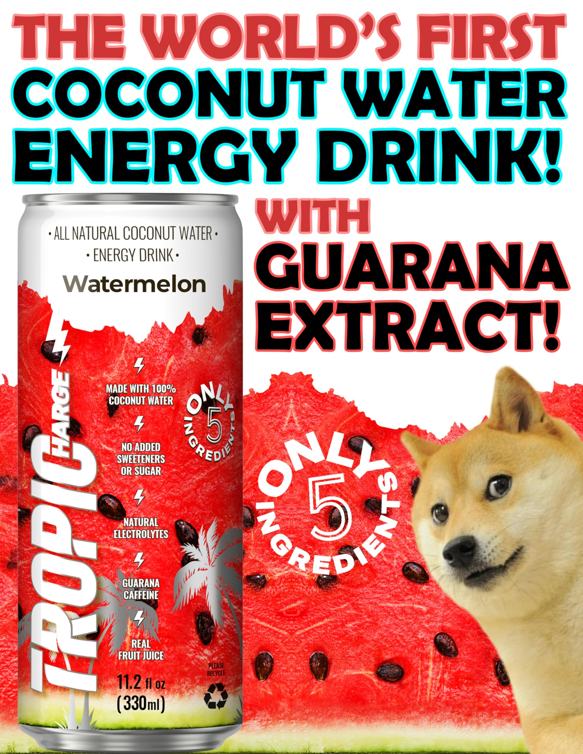 Tropicharge 100% Coconut Water Energy Drink with Guarana Extract (24 pack 330ml/6 flavours) - Zero Sweeteners or Added Sugar - All Natural - Passion