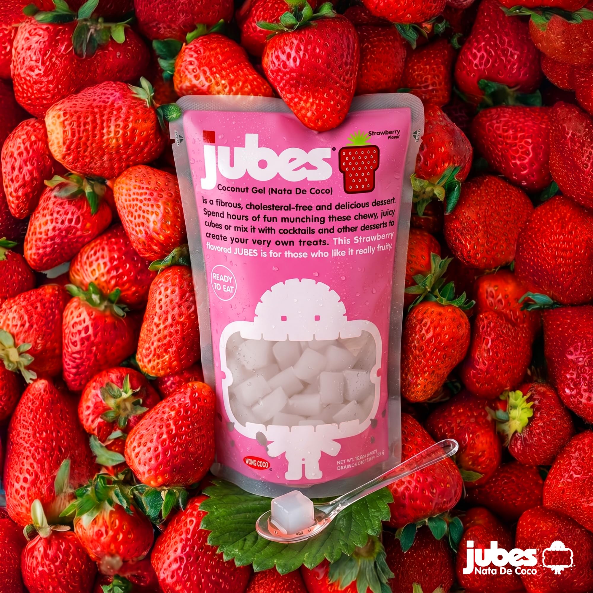 Jubes Strawberry Nata De Coco Jelly Cubes (12.7 oz, Pack of 3) - Strawberry Coconut Jelly Cubes for Sago - Coconut Gel in Syrup Toppings for Fruit