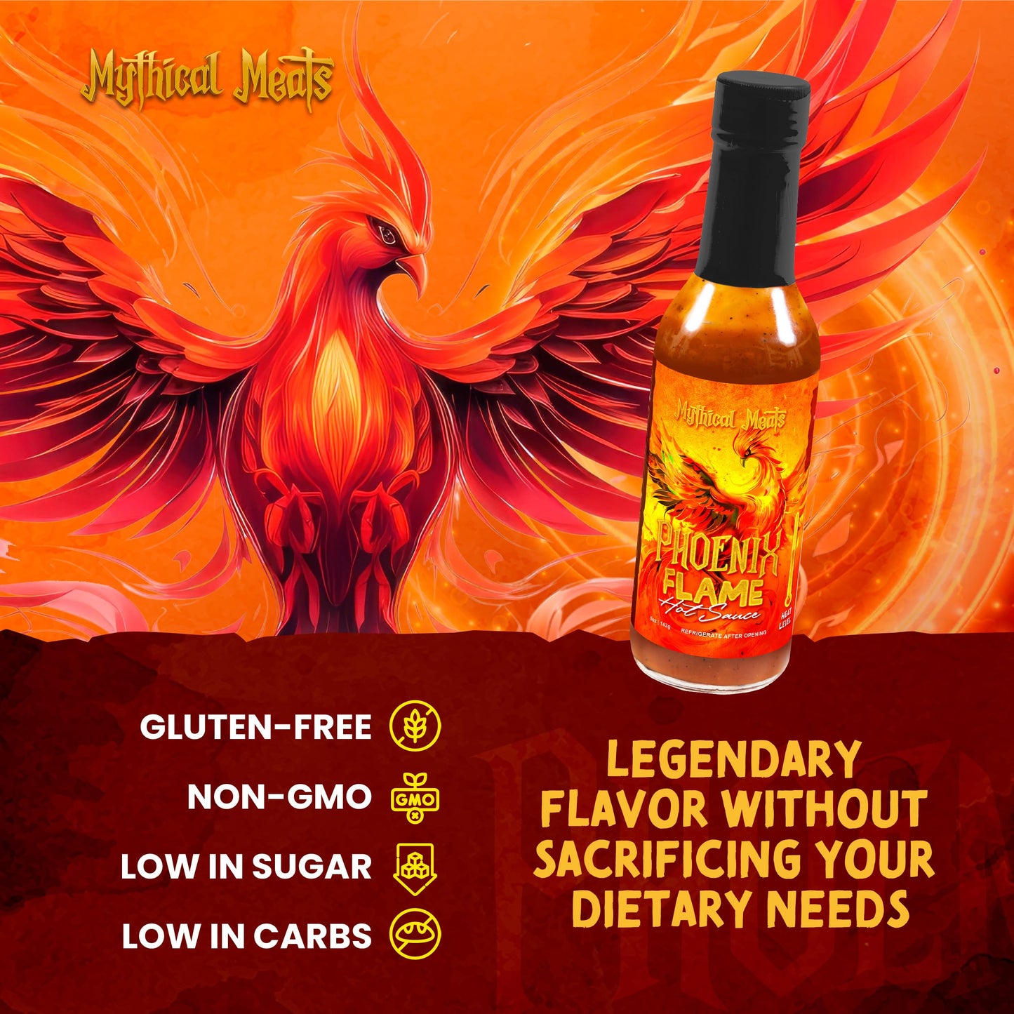 Mythical Meats Phoenix Flame Hot Sauce - Ghost Pepper & Honey Blend, Gluten Free, Non GMO, 6/10 Heat
