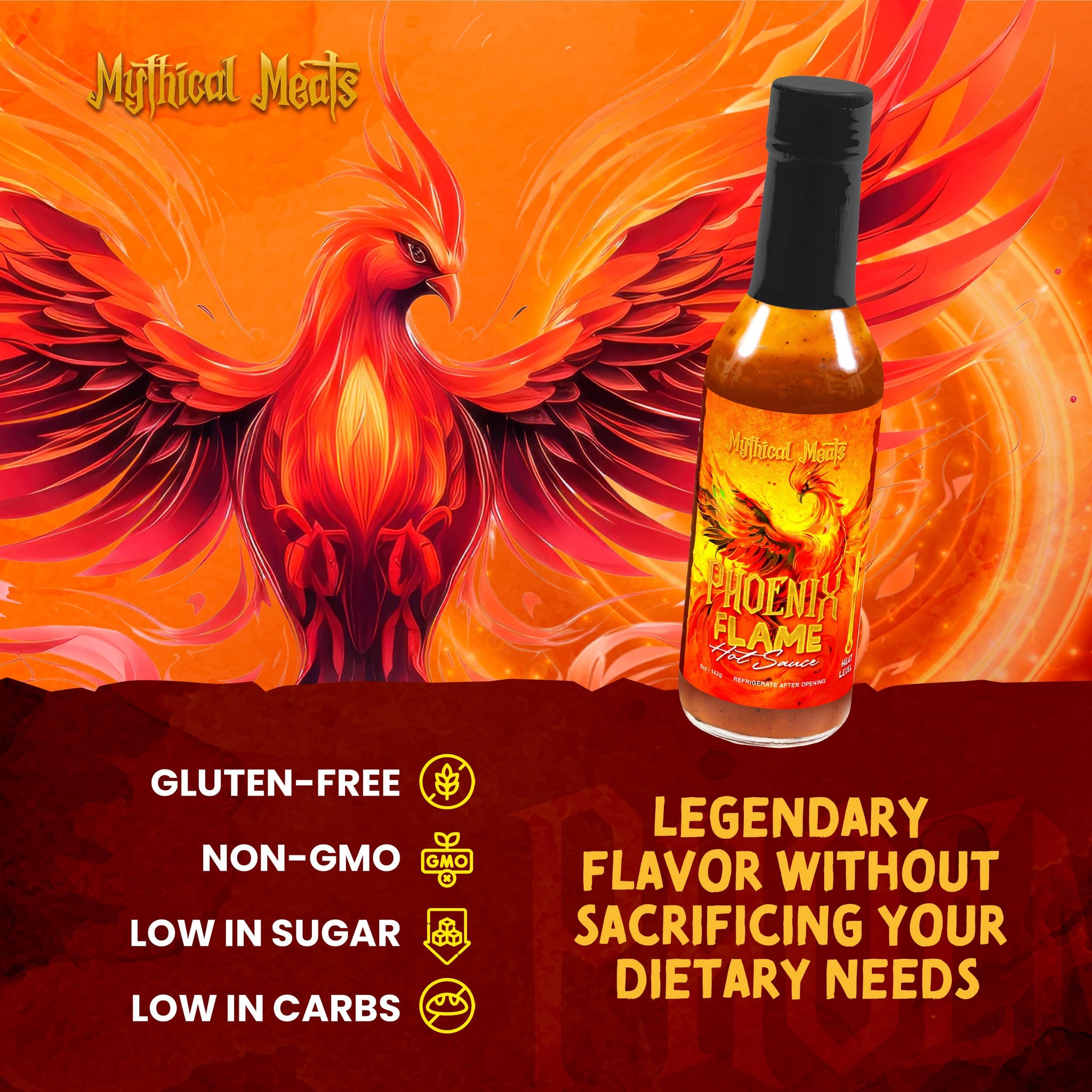 Mythical Meats Phoenix Flame Hot Sauce - Ghost Pepper & Honey Blend, Gluten Free, Non GMO, 6/10 Heat
