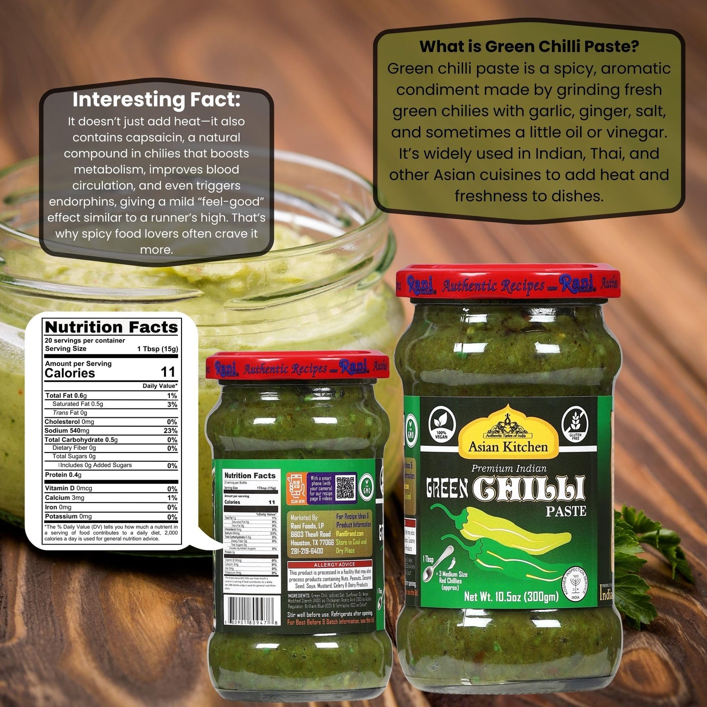 Asian Kitchen Green Chilli Cooking Paste 10.58oz (300g) Glass Jar ~ Vegan | Gluten Free | NON-GMO | No Colors | Indian Origin