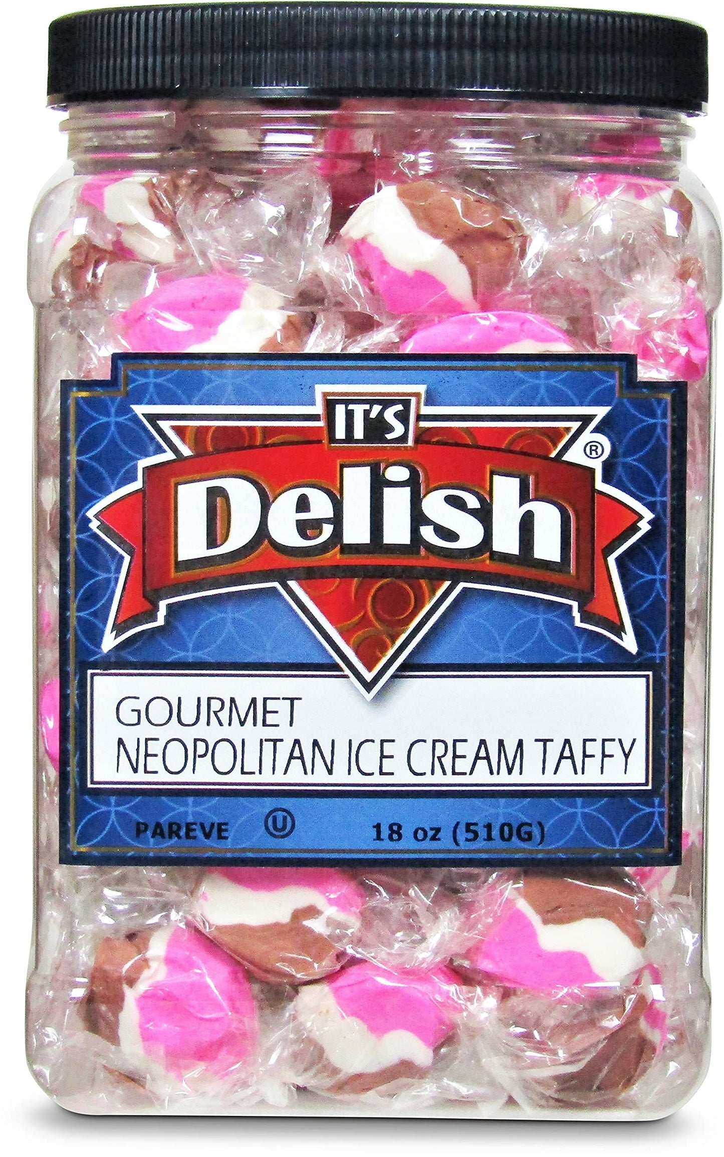 Neapolitan Ice Cream Taffy Chews by It's Delish, 18 Oz Jumbo Container - Individually Wrapped Gourmet Soft Fluff Taffy - Great Candy for Pink Ice