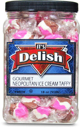 Neapolitan Ice Cream Taffy Chews by It's Delish, 18 Oz Jumbo Container - Individually Wrapped Gourmet Soft Fluff Taffy - Great Candy for Pink Ice