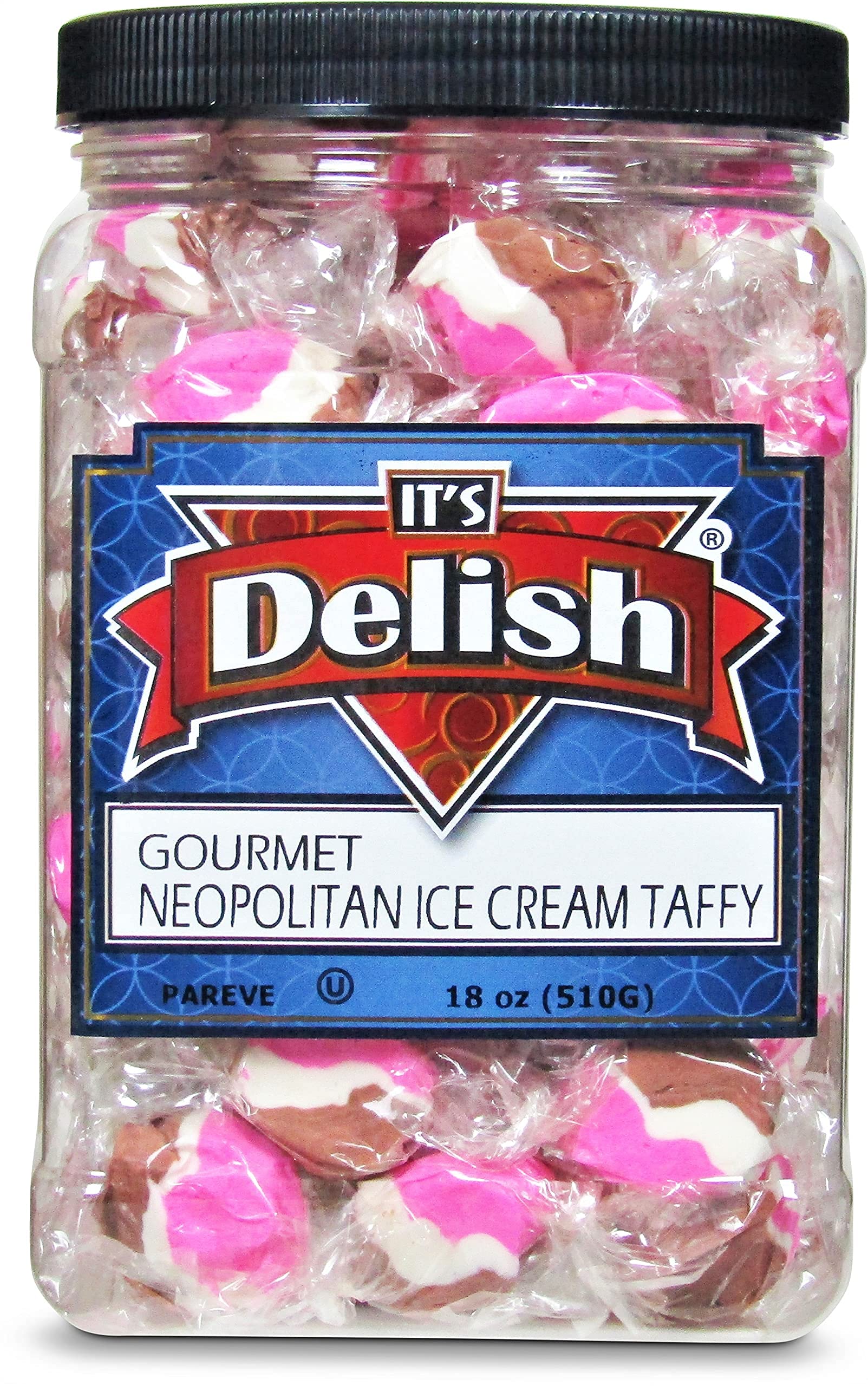 Neapolitan Ice Cream Taffy Chews by It's Delish, 18 Oz Jumbo Container - Individually Wrapped Gourmet Soft Fluff Taffy - Great Candy for Pink Ice