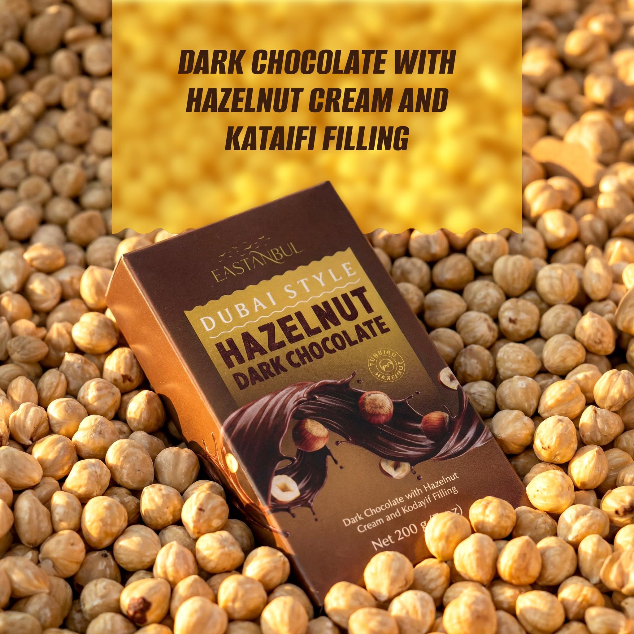 Eastanbul Dubai Dark Chocolate Bar Hazelnut, 7oz, Premium Belgium Dark Hazelnut Dubai Chocolate Bar, Viral Candy with Shredded Phyllo Dough, Knafeh