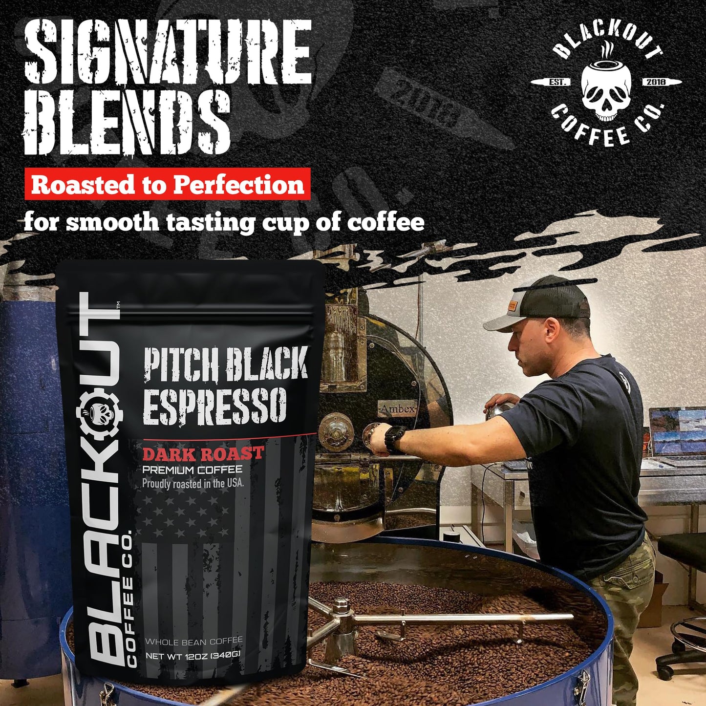 Blackout Coffee Pitch Black Espresso Whole Bean Coffee - Extra Dark Roast, European-Style, Powerfully Bold - Freshly Roasted 12oz Bag.