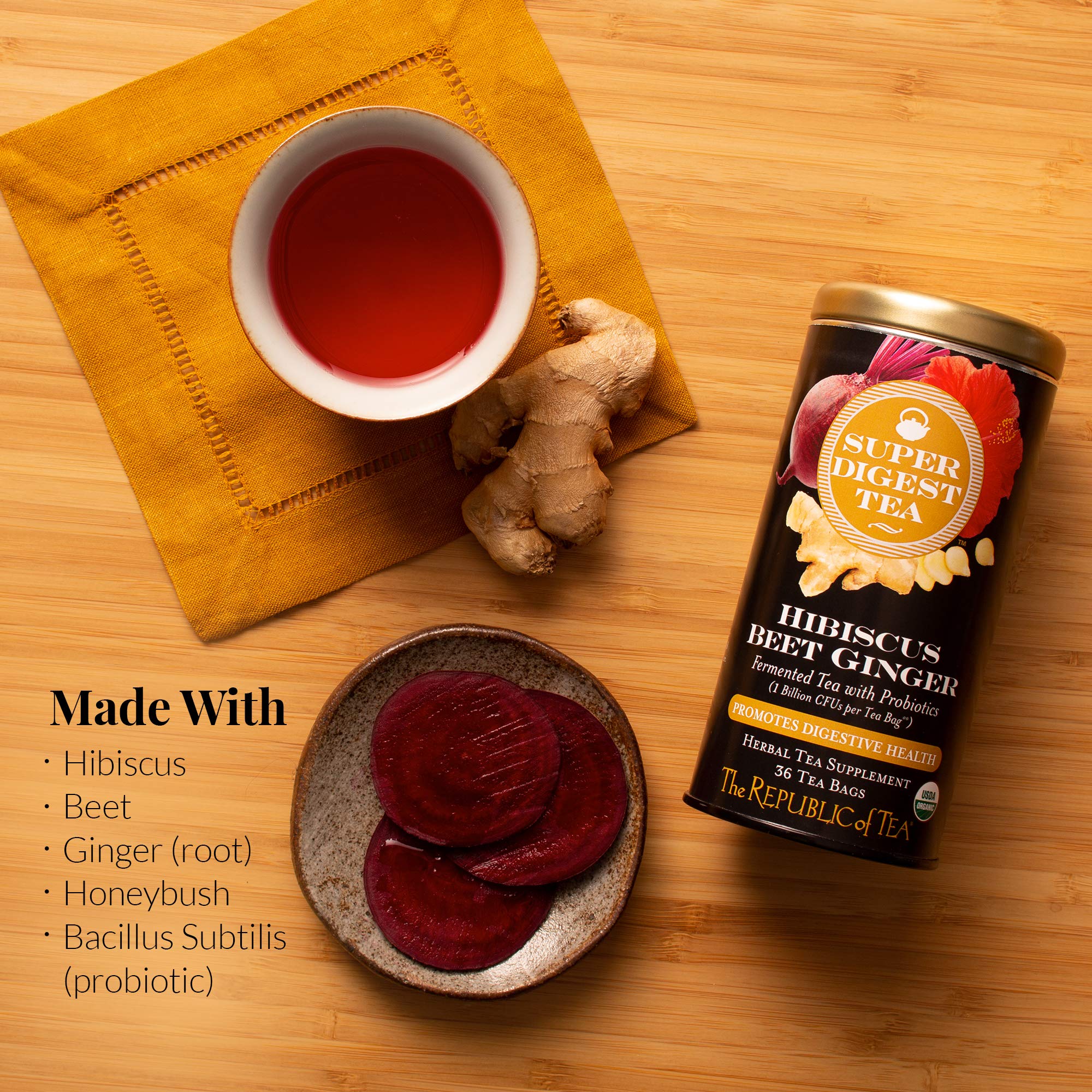 The Republic of Tea Organic Hibiscus Beet Ginger SuperDigest Tea® Herbal | Probiotic Tea Bag (36 count)