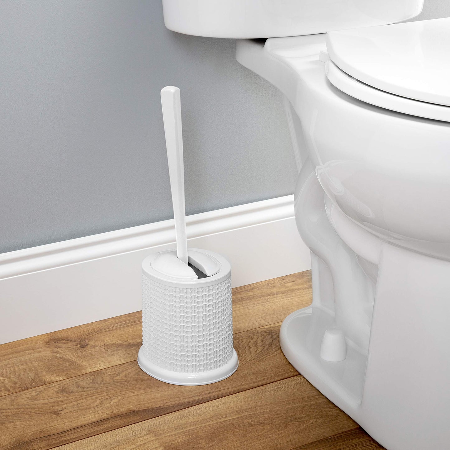 Bath Bliss Self Closing Lid Toilet Brush with Rim Scrubber | Dimensions: 5. 9" x 5. 3" x 15. 4" | Self Closing | 360 Degree Bristle | Bathroom