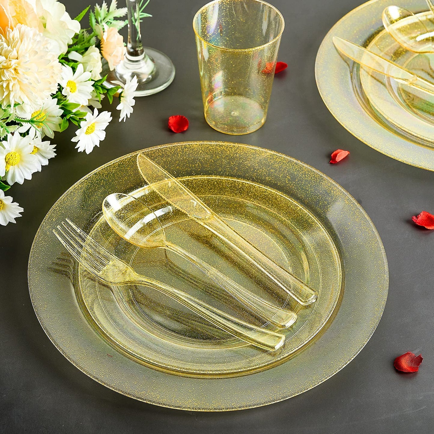 Vplus 150 pcs Gold Plastic Plates with Disposable Plastic Silverware, Cups, Gold Glitter Design includes Dinner and Salad Plates, Forks, Knives
