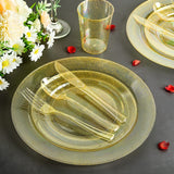 Vplus 150 pcs Gold Plastic Plates with Disposable Plastic Silverware, Cups, Gold Glitter Design includes Dinner and Salad Plates, Forks, Knives