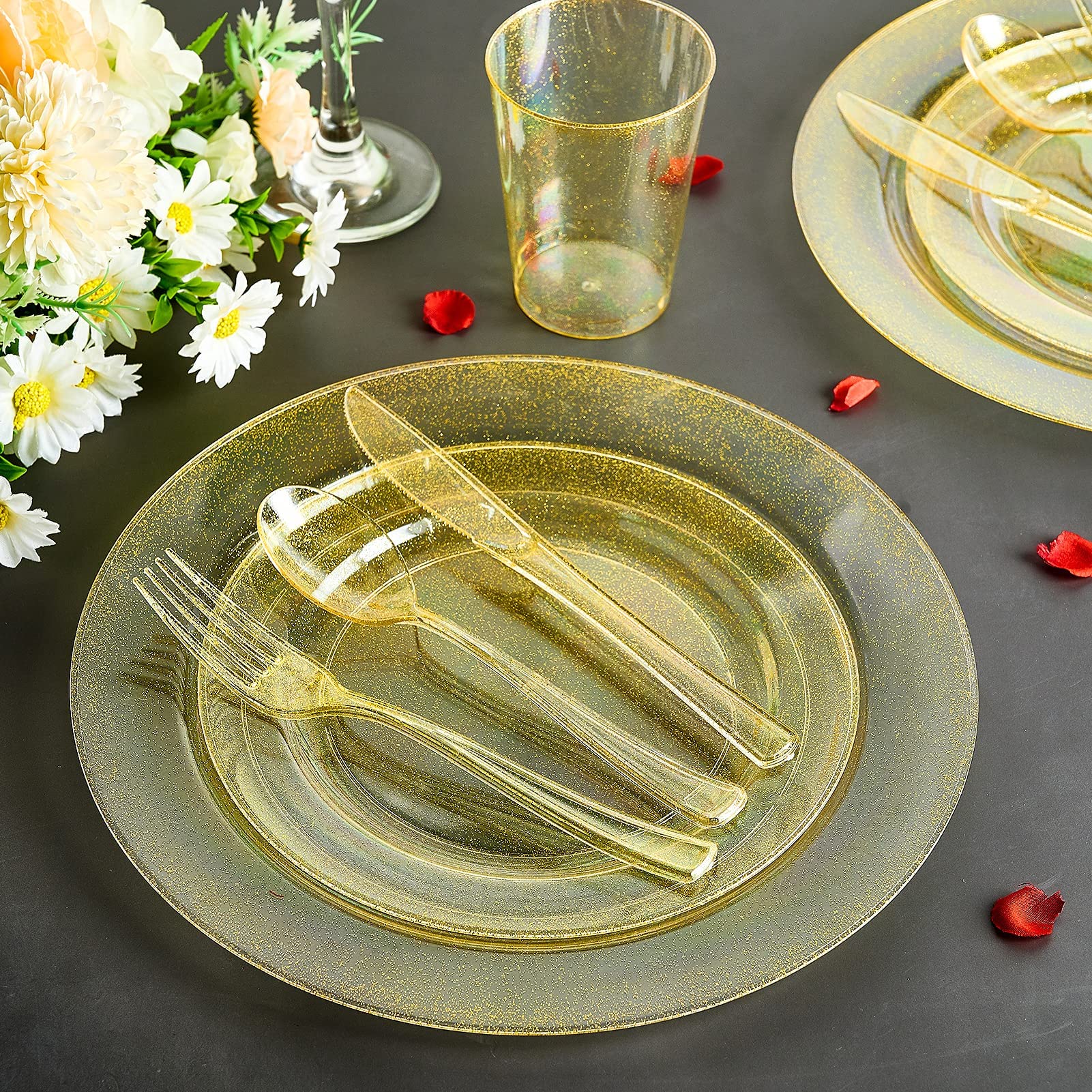 Vplus 150 pcs Gold Plastic Plates with Disposable Plastic Silverware, Cups, Gold Glitter Design includes Dinner and Salad Plates, Forks, Knives