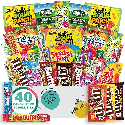 Birthday Candy Gift Basket (40 Full Size Snack Box Care Package) Sour Patch Kids, M&Ms, Skittles, Swedish Fish, & More - The Care Crate Co.