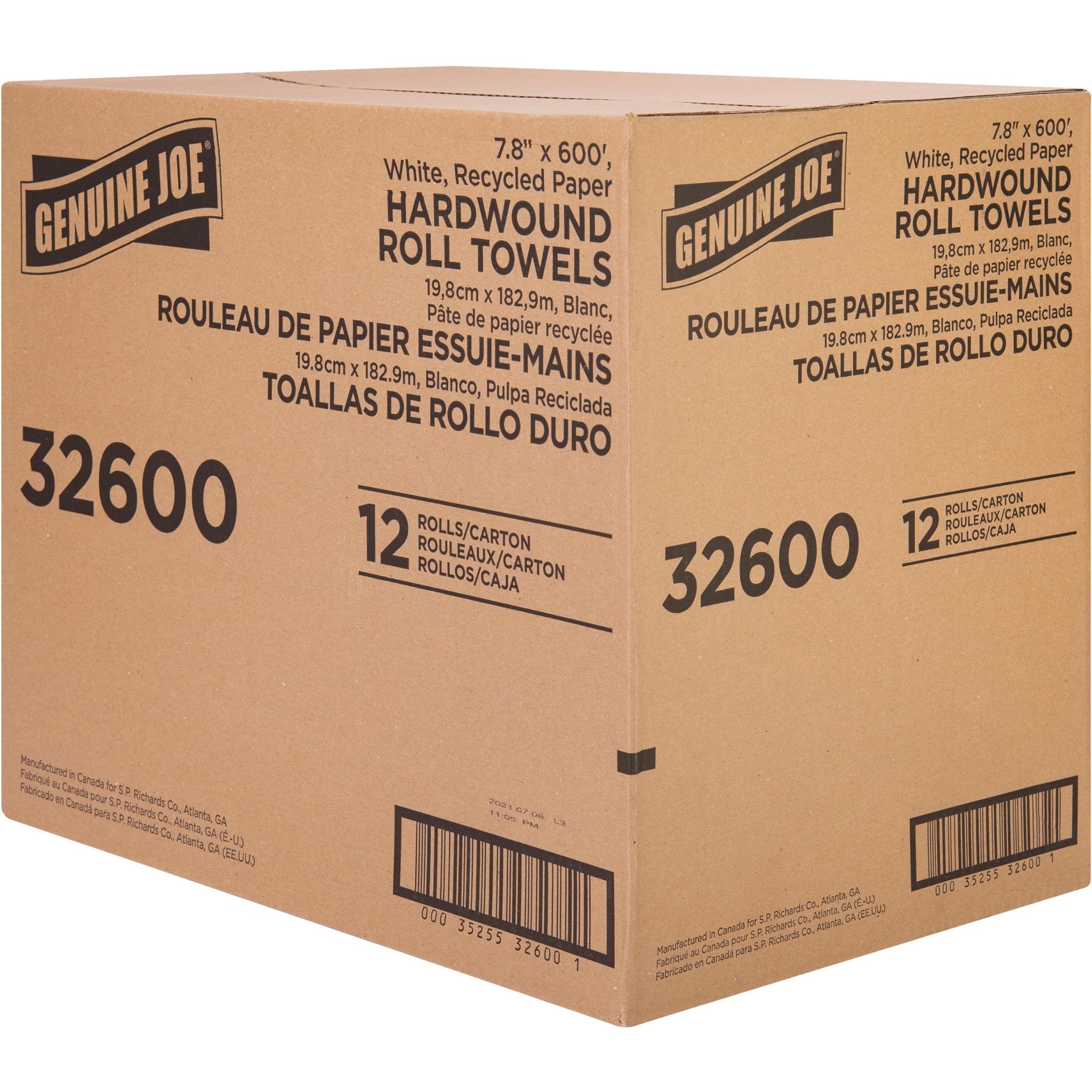 Genuine Joe Embossed Hardwound Roll Towels, 2" Core, 1-Ply, 7.8" x 600', White, 12 Count