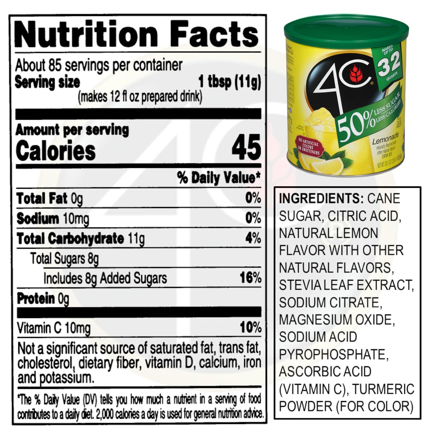 4C Reduced Sugar Powdered Drink Mix Canisters, Iced Tea 1 Pack, 28 Quarts, Family Sized Canister, Thirst Quenching & Refreshing Flavors (Lemonade