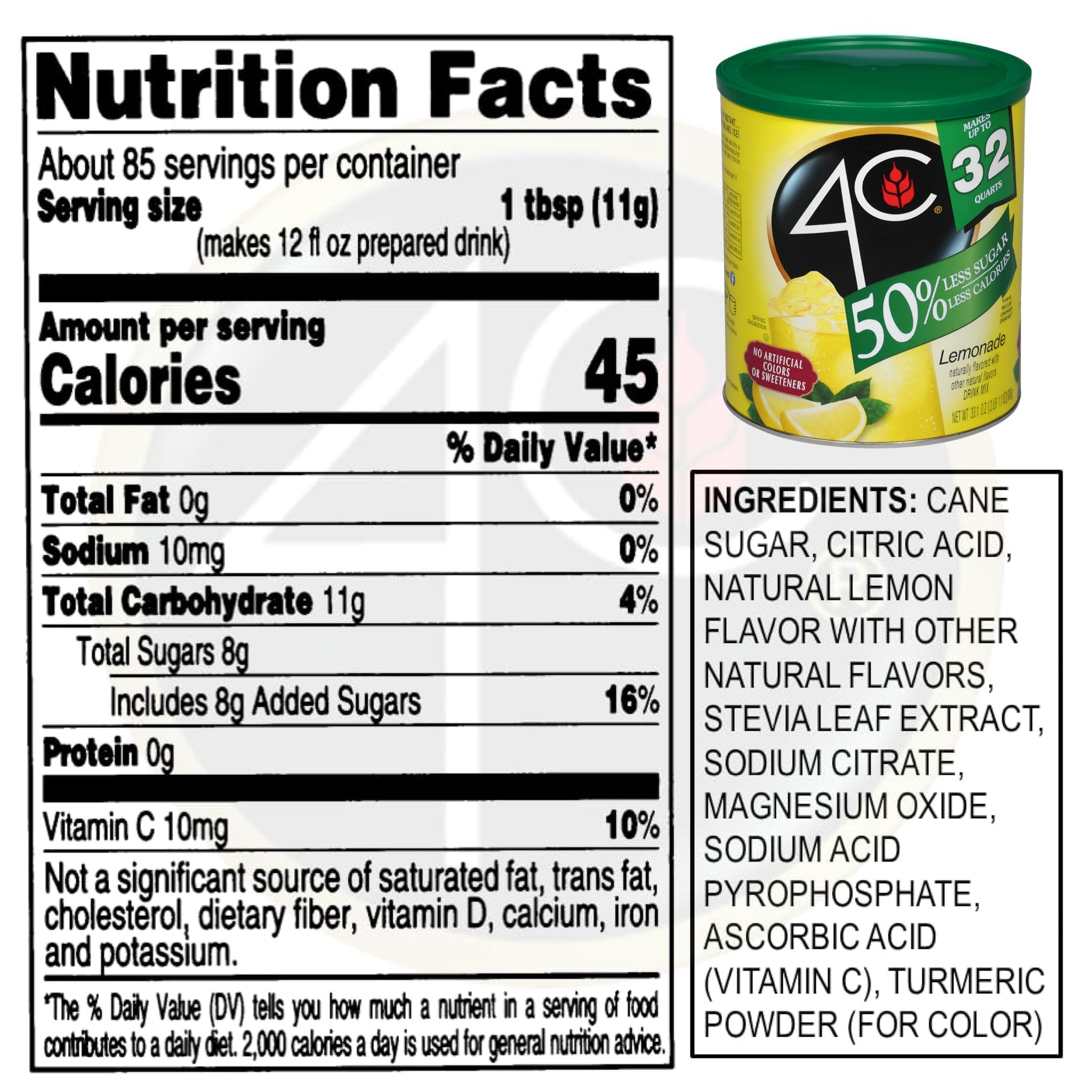 4C Reduced Sugar Powdered Drink Mix Canisters, Iced Tea 1 Pack, 28 Quarts, Family Sized Canister, Thirst Quenching & Refreshing Flavors (Lemonade