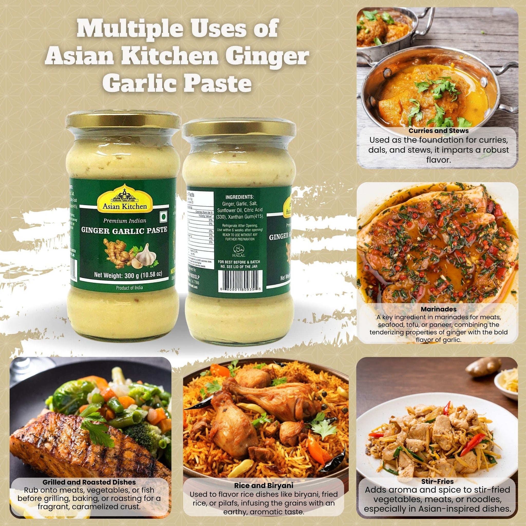 Asian Kitchen Ginger Garlic Cooking Paste 10.5oz (300g) Glass Jar ~ Vegan | Gluten Free | NON-GMO | No Colors | Indian Origin