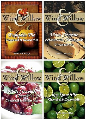 Wind & Willow Sweet Cheeseball and Dessert Mix Bundle (4 Pack): White Chocolate Amaretto Cheesecake, Key Lime Pie, White Chocolate Cherry, and Pumpkin
