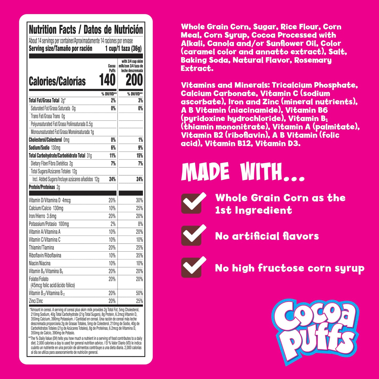 Cocoa Puffs, Chocolatey Breakfast Cereal, Made with Whole Grain, Family Size, 18.1 oz
