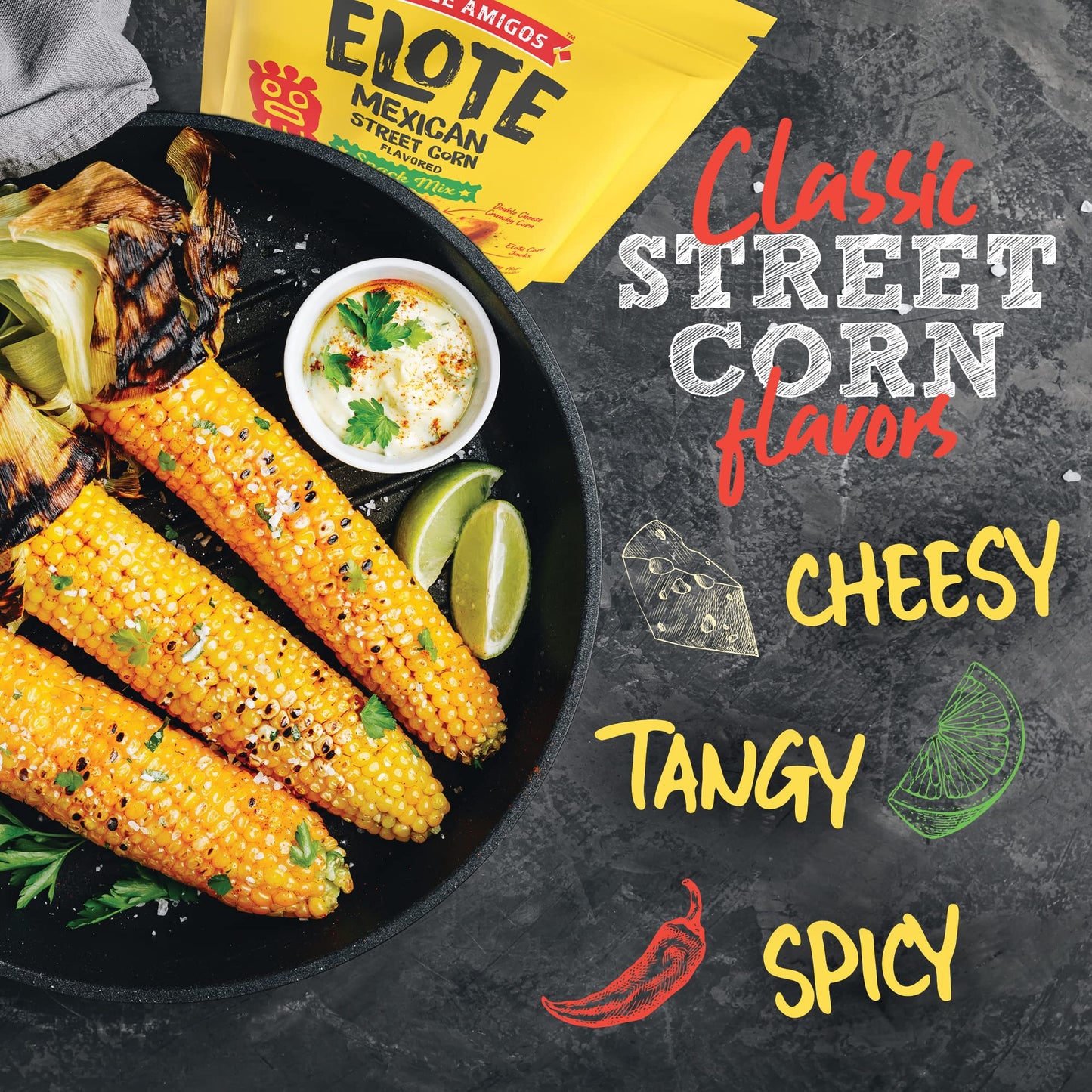 Three Amigos - Elote Mexican Street Corn Snack Mix- Deliciously Crunchy, Tangy, Hot, Sweet & Spicy Snacks - Gourmet Roasted Variety Food Snacks