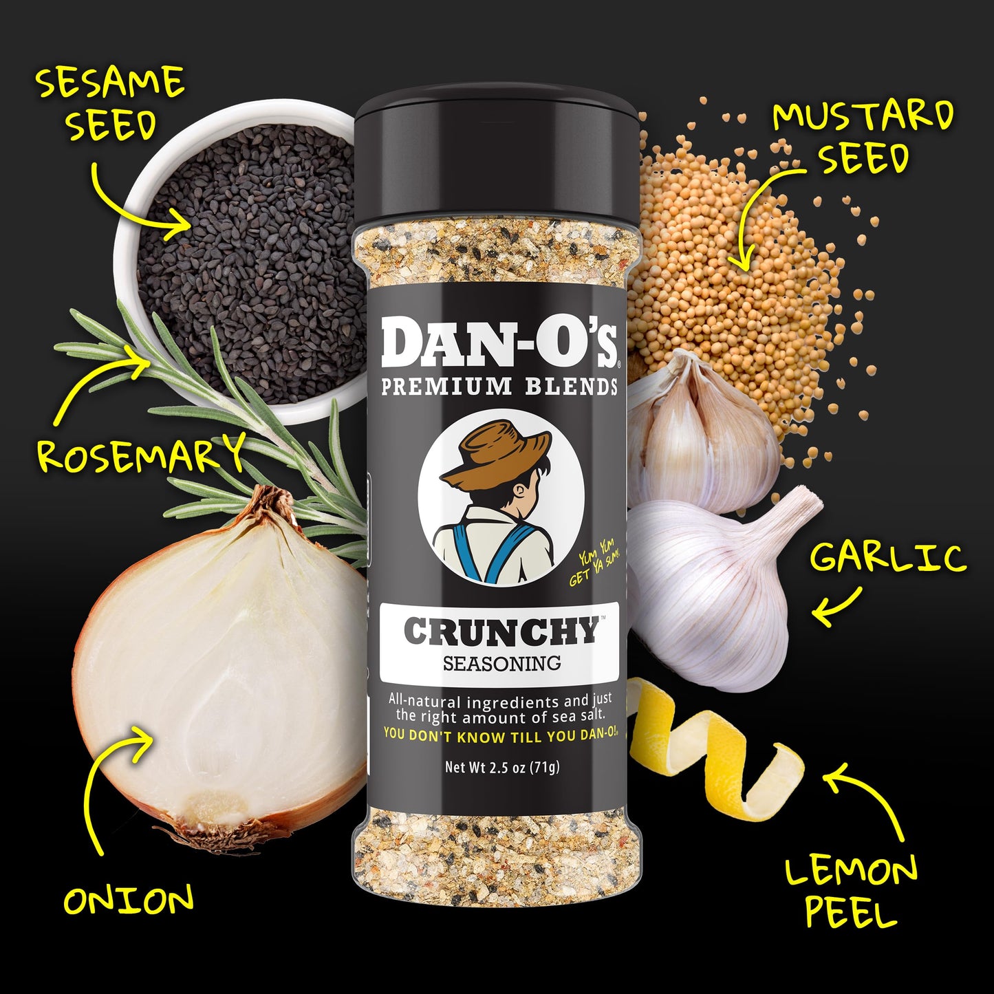 Dan-O's Crunchy Seasoning, 2.5 oz Bottle, 2 Pack, Everything Seasoning for Fish, Eggs, Salads and More, Sugar Free, Zero Calorie, Use this Spice Blend